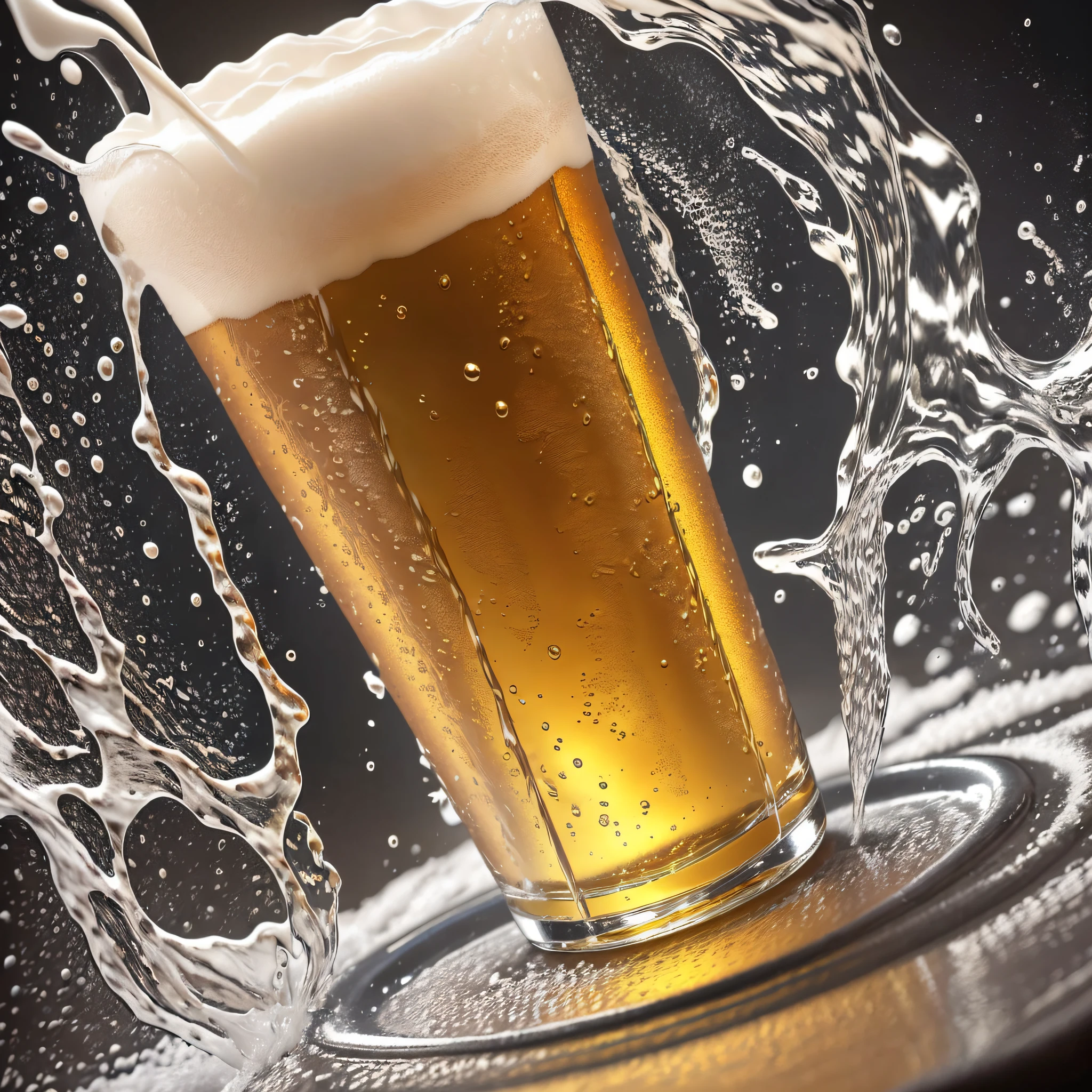 arafed glass of beer with foam and water splashing out of it, beer, cold beer, beer advertisement, cinematic beer, inside a beer glass, drinking beer, beer being drank and spilled, by Aleksander Gierymski, by Adam Marczyński, hyper realistic detailed render, hyperrealistic illustration, high speed photography --auto --s2