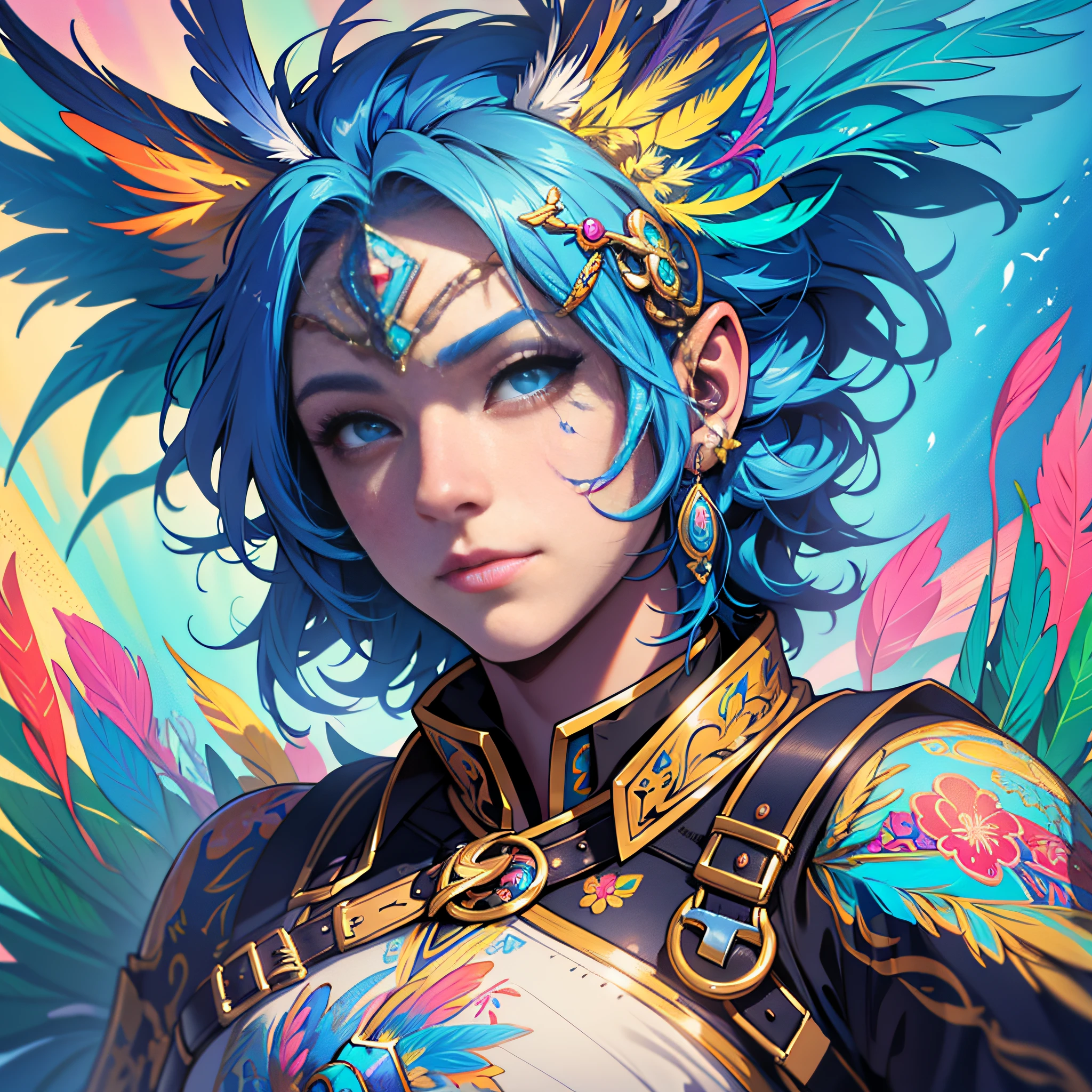 Arapedd puppy with blue hair and colorful feathers, colorful digital fantasy art, colorful digital art, fantasy art style, beautiful digital artwork, 4K highly detailed digital art