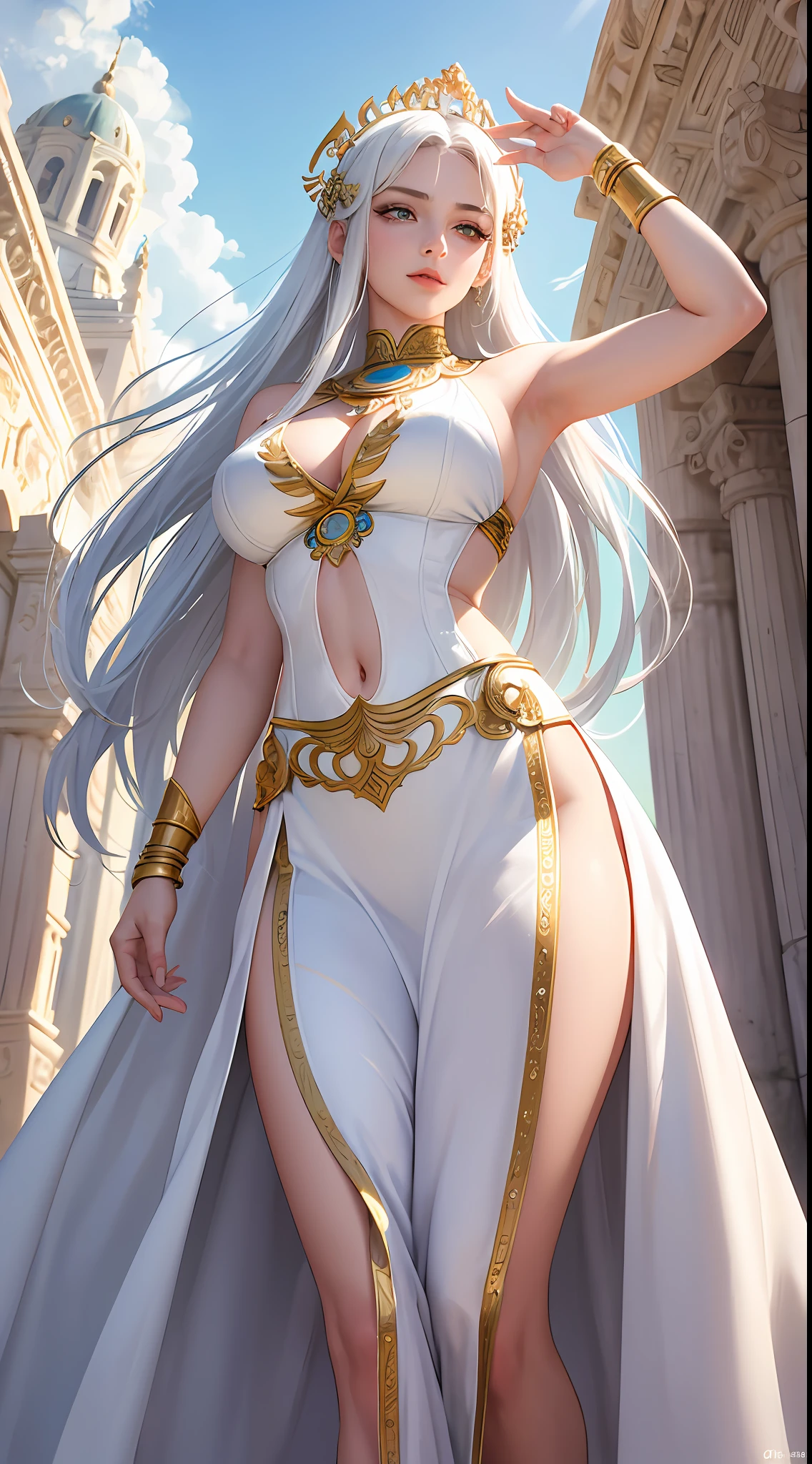 (masterpiece, best quality, 8k), 1girl, mature woman, attractive goddess, lips, ancient mesoamerica clothes, white clothes, gorgeous clothes, detailed pattern, green eyes, long white hair, arms up, armpits, divine, immortal, light smile, ancient mesoamerica building, detailed building, outdoor, godlike, godrays, cinematic lighting, (from below)