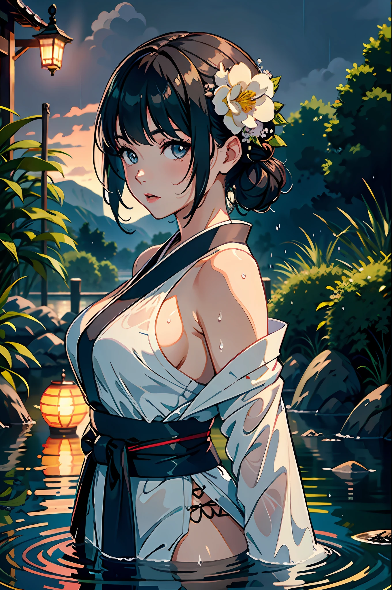 1girl, breasts, moon, lantern, night, solo, large breasts, hair ornament, wet, kimono, japanese clothes, wading, water, hair flower, flower, outdoors, sky, full moon, rain, black hair, off shoulder, mountain, cloud, holding, sash, bare shoulders, paper lantern, standing, white kimono, night sky, sideboob, obi, wet clothes, bangs, tree, from side, reflection, short hair, cloudy sky, wet hair (((masterpiece),(extremely detailed CG unity 8k wallpaper),best quality,,solo,1girl,cinematic lighting,detailed background,beautiful detailed eyes,bright pupils, (an extremely delicate and beautiful),(Beautiful and detailed eye description)， ultra-detailed,masterpiece,)),