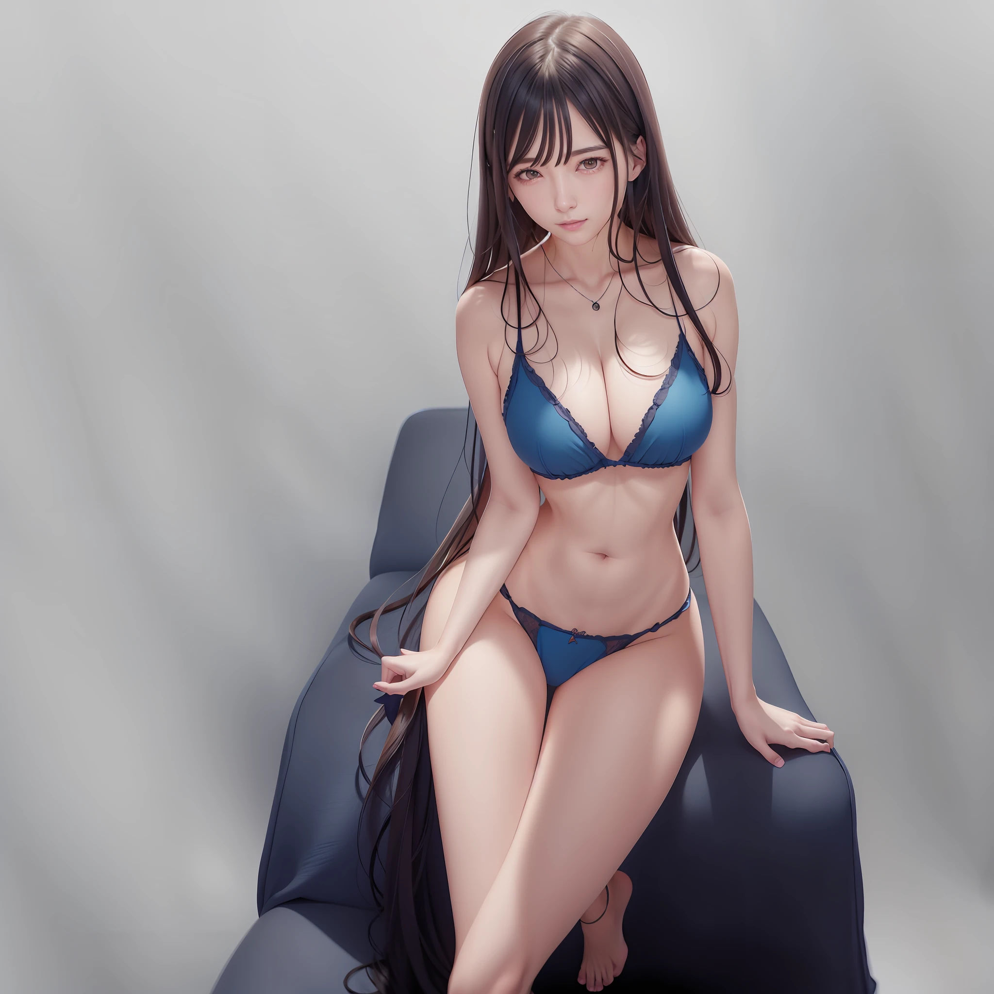 araffe woman in a blue bra and panties sitting on a couch, photorealistic perfect body, seductive anime girl, 8 k sensual lighting, sexy pose, realistic young gravure idol, beautiful alluring anime woman, ultra realistic picture, sexy girl, realistic bikini, sexy body, photorealistic anime girl render, attractive pose, very sexy pose, sexy hot body