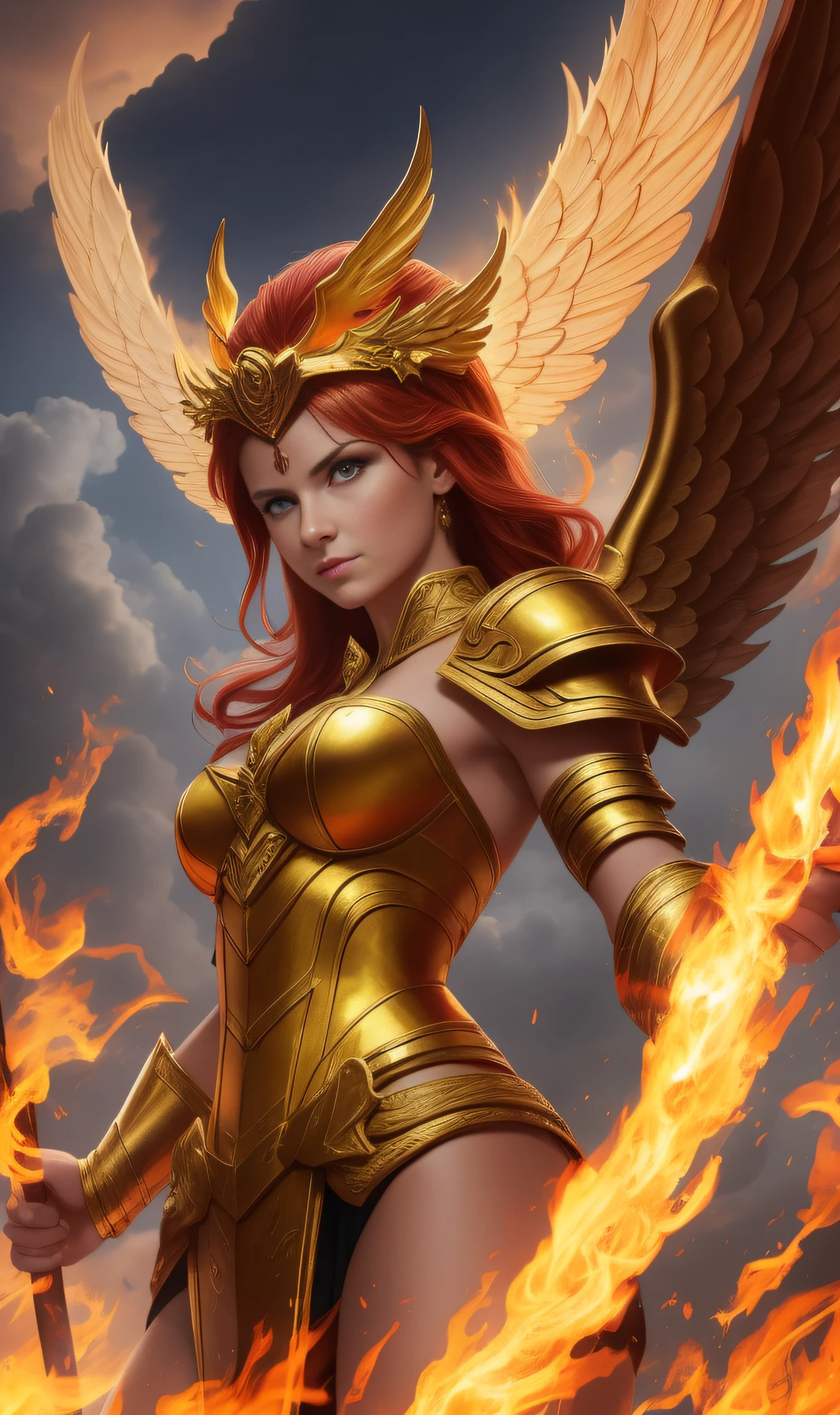 The golden blazing angel played by Danielle van de Donk emits a roaring fire, hovering between thick clouds, wearing fiery red armor, holding a flame spear, wearing a halo on his head, and his eyes are firm, exuding a strong fighting aura, making people feel burning and powerful.