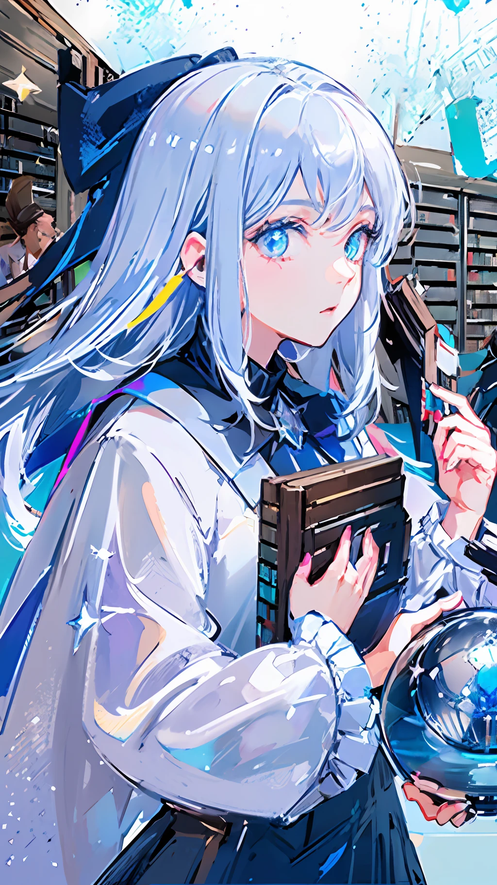 (highest image quality), (Master&#39;s Words decoration d), (((1girl))) solo, long white hair, blue eyes, (no smile), best quality, fine detail, masterpiece, (magic book:1.4), (ultra-detailed), (detailed eye description: 1.2), (floating colorful wind: 1.4), (tarot border: 1.4), (close-up: 1.2), (side view: 1.3), (chaotic geometry image: 1.3) ,(negative space: 0.8),(drawing tablet:1.3),(huge crystal ball and stars behind it:1.5),(Ether ink flow:1.3),((library bookshelf background:1.8)), Large upper sleeves, ((ruffles)), hair_ornament,blue ribbons, bowties, buttons, (((middle breast))),(white pleated skirt:1.2), ((sharp focus)), ((masterpiece)) , (((best quality))), ((extremely etailed)), colorful, hdr, white hair,((Magus)),(upper body:1.5),(Facing viewer:1.5)