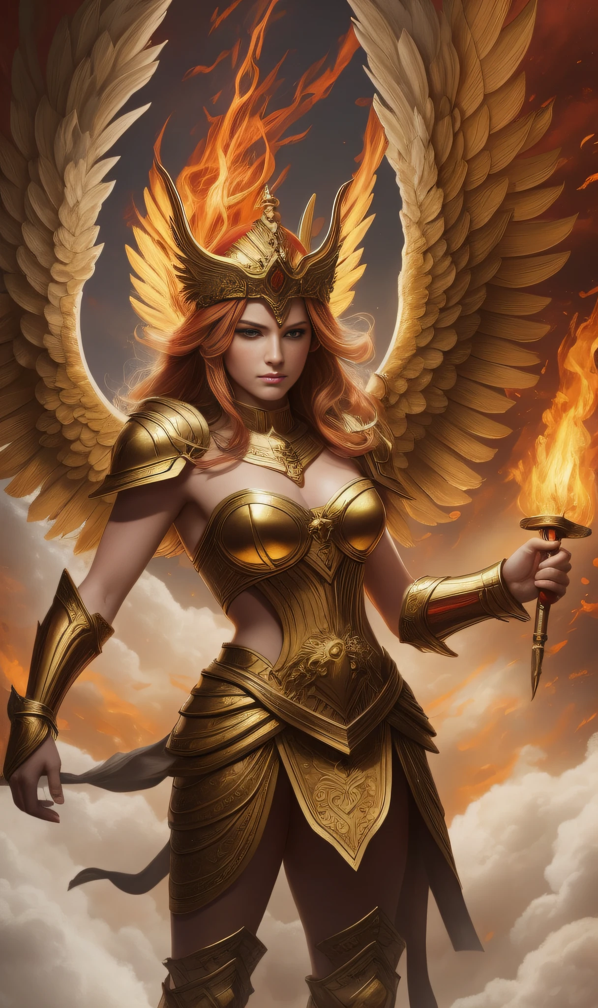 The golden blazing angel played by Danielle van de Donk emits a roaring fire, hovering between thick clouds, wearing fiery red armor, holding a flame spear, wearing a halo on his head, and his eyes are firm, exuding a strong fighting aura, making people feel burning and powerful.