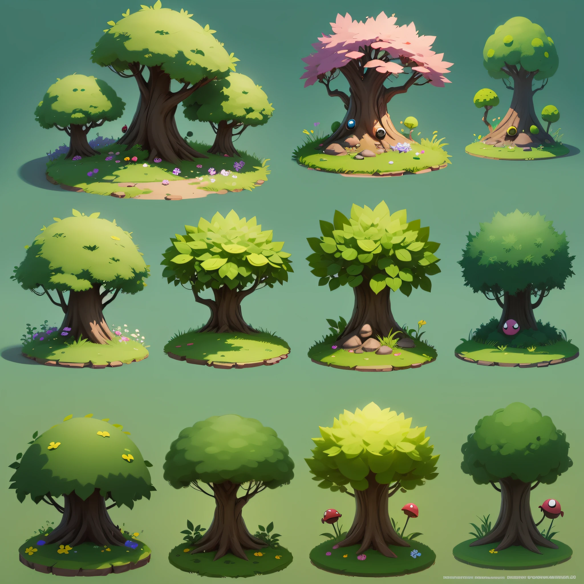 2d assets of a small bushes trees, rayman legends style, plain background --auto --s2