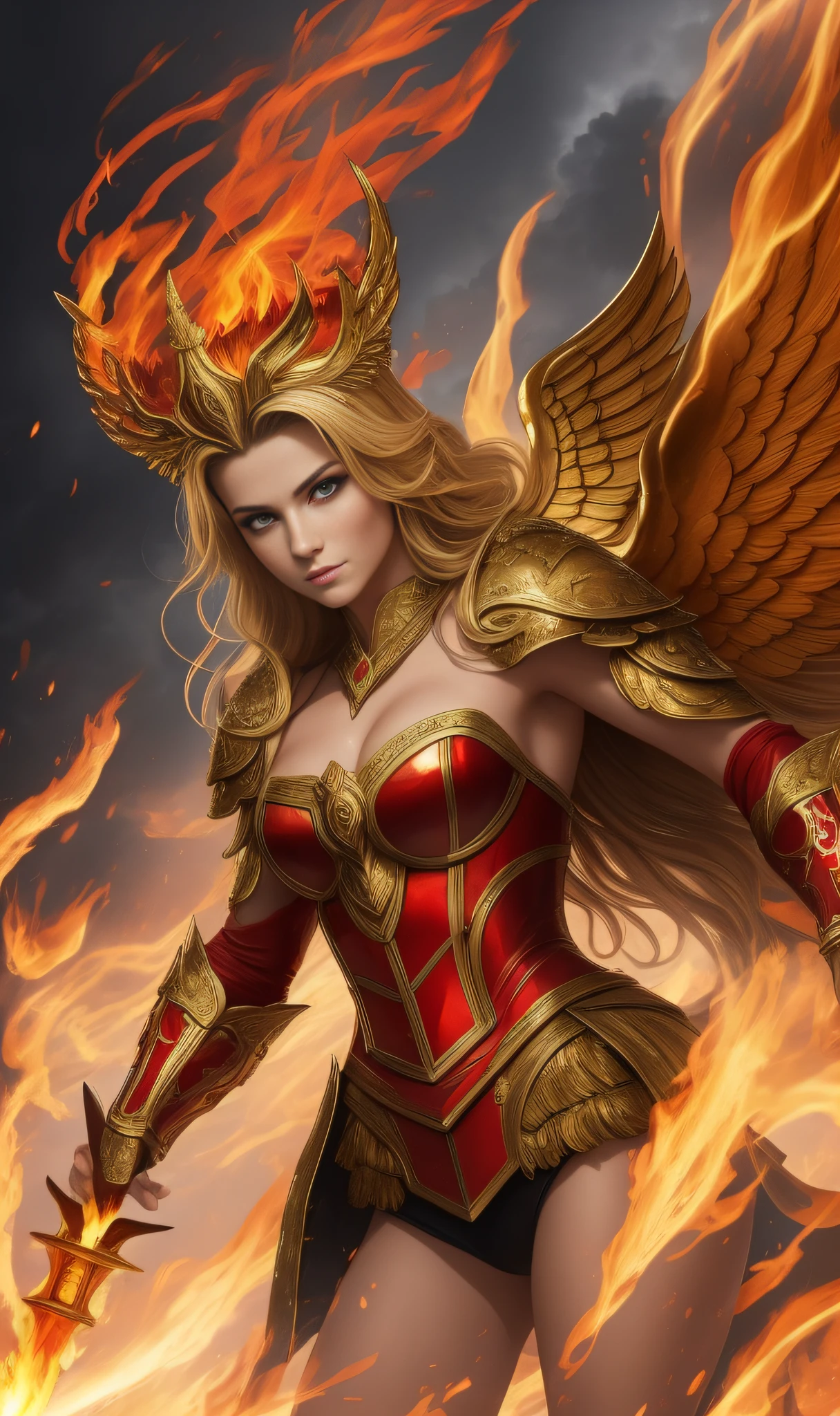 The golden blazing angel played by Danielle van de Donk emits a roaring fire, hovering between thick clouds, wearing fiery red armor, holding a flame spear, wearing a halo on his head, and his eyes are firm, exuding a strong fighting aura, making people feel burning and powerful.