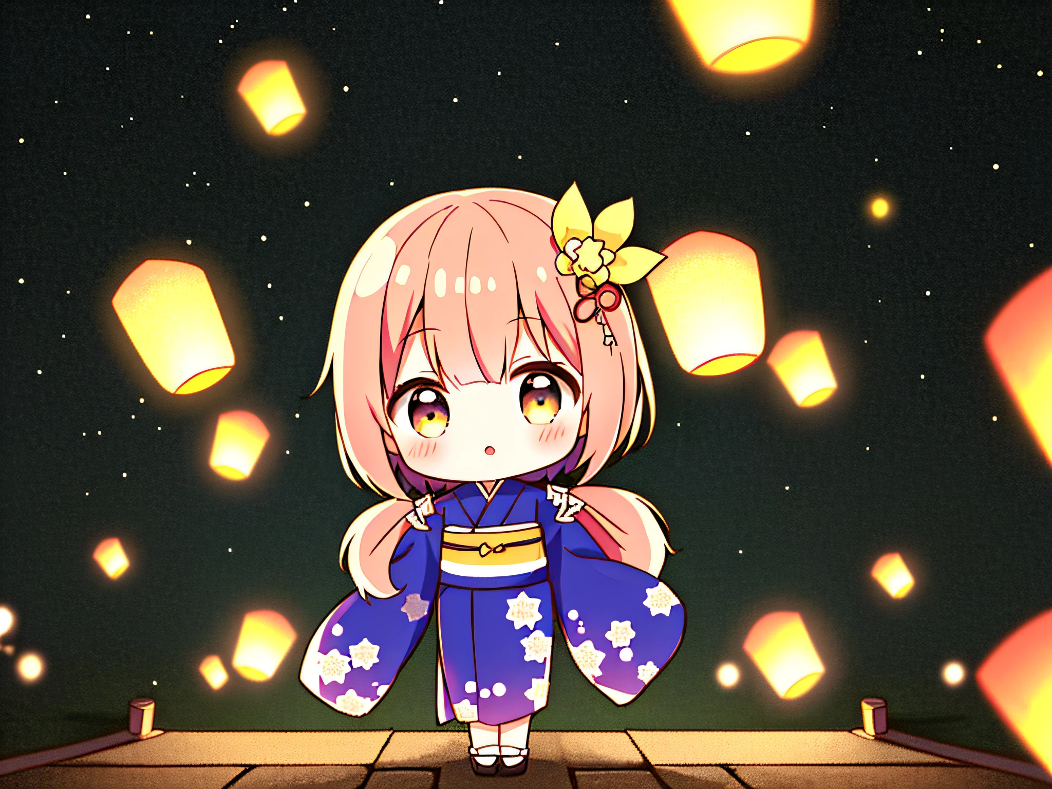1 girl, (Chibi:1.2), kimono, starry sky, lantern, strip, bamboo ornament, Japan, full body