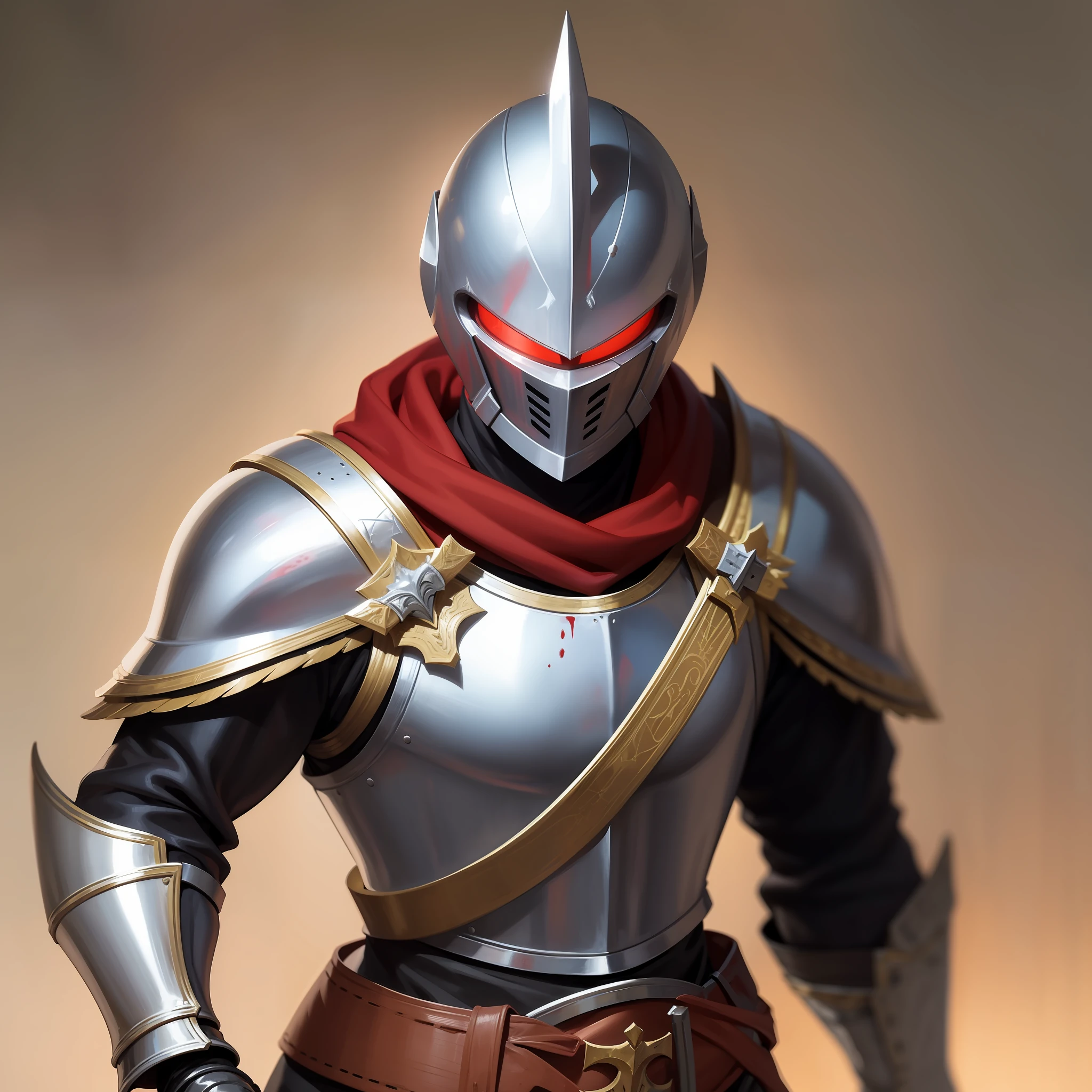 1man,very slender,very detailed medieval armor,spartan helmet,has blood stains on various parts of the armor,has a giant black sword with a red handle