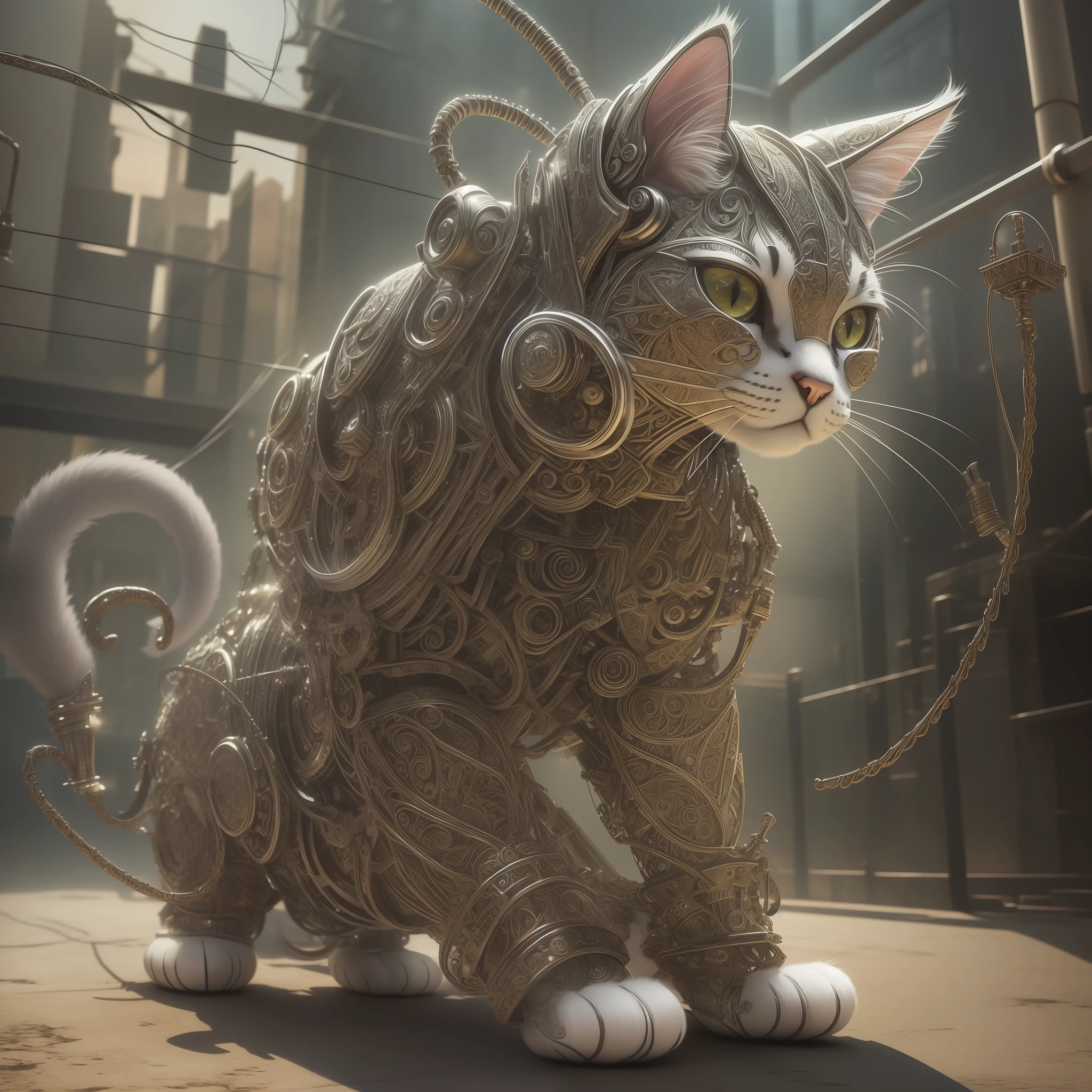 a cute kitten made out of metal, (cyborg:1.1), ([tail | detailed wire]:1.3), (intricate details), hdr, (intricate details, hyperdetailed:1.2), cinematic shot, vignette, centered