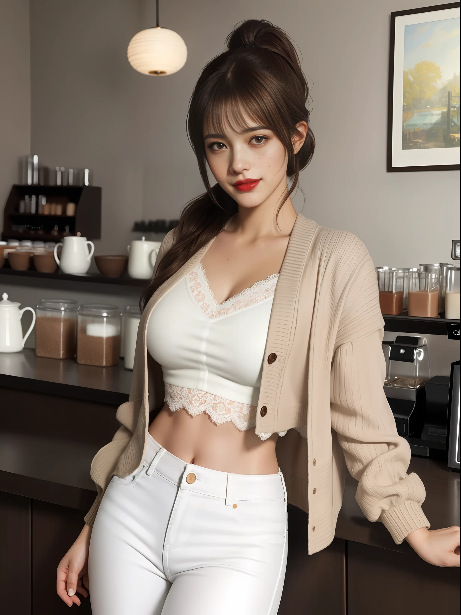 (extremely detailed CG unity 8k wallpaper) full body portrait of the most beautiful barista girl in the world, (mid shot:1. 4), (extreme close up:1. 3), eye focus, beautiful barista serving coffee behind the counter, (blush:1. 3) (freckles:0. 75), detailed symmetrical face, (ponytail hair), ((bangs)), ((brown eyes)), ((brown hair:1. 3)), reflective eyes, (detailed eyes), mascara, makeup, (red lipstick), (shiny lips), (white sclera), (strong jaw), prominent cheekbones, (smile), cozy, (heavy eyeshadow), tattoos, detailed lighting, rim lighting, dramatic lighting, chiaroscuro, (brown wool cardigan:1. 2), (white lace crop top), (lace), midriff, ((high waisted white jeans:1. 3)), ((white pants)), (cleavage), (latina:1. 6), ((ruddy brown skin color:1. 6), cafe, modern interior design, stomach muscles, (from front:1. 4), professional majestic impressionism oil painting by Waterhouse, John Constable, Ed Blinkey, Atey Ghailan, Studio Ghibli, by Jeremy Mann, Greg Manchess, Antonio Moro, trending on ArtStation, trending on CGSociety, Intricate, High Detail, dramatic, makoto shinkai kyoto, trending on artstation, trending on CGsociety