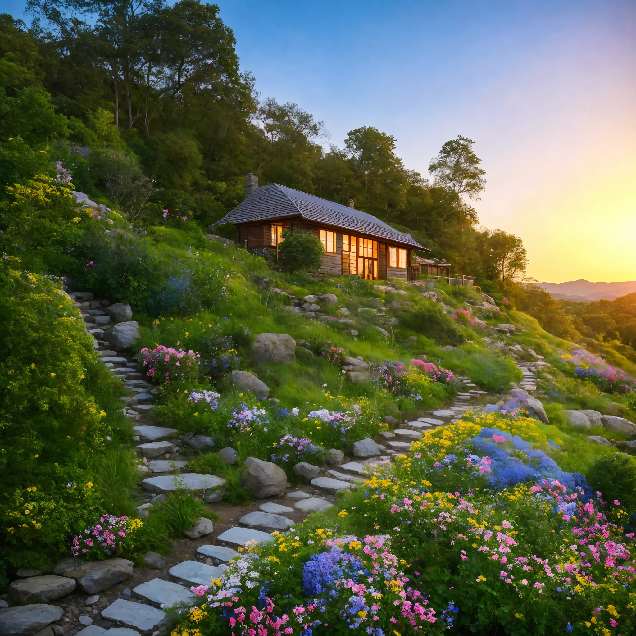 House next to a waterfall, with a path of stones and a field of flowers. A forest nearby. Blue sky at sunset.