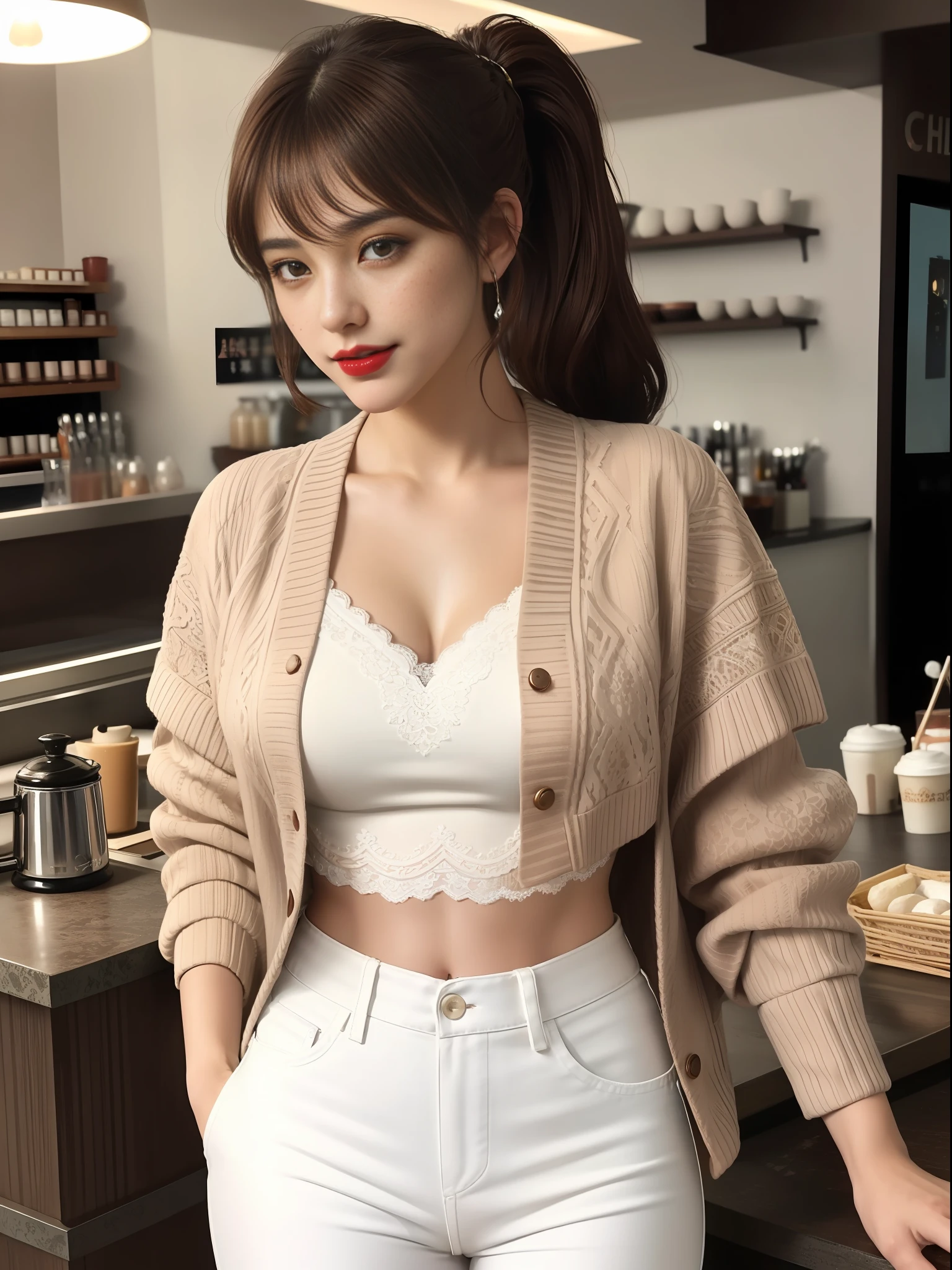 (extremely detailed CG unity 8k wallpaper) full body portrait of the most beautiful barista girl in the world, (mid shot:1. 4), (extreme close up:1. 3), eye focus, beautiful barista serving coffee behind the counter, (blush:1. 3) (freckles:0. 75), detailed symmetrical face, (ponytail hair), ((bangs)), ((brown eyes)), ((brown hair:1. 3)), reflective eyes, (detailed eyes), mascara, makeup, (red lipstick), (shiny lips), (white sclera), (strong jaw), prominent cheekbones, (smile), cozy, (heavy eyeshadow), tattoos, detailed lighting, rim lighting, dramatic lighting, chiaroscuro, (brown wool cardigan:1. 2), (white lace crop top), (lace), midriff, ((high waisted white jeans:1. 3)), ((white pants)), (cleavage), (latina:1. 6), ((ruddy brown skin color:1. 6), cafe, modern interior design, stomach muscles, (from front:1. 4), professional majestic impressionism oil painting by Waterhouse, John Constable, Ed Blinkey, Atey Ghailan, Studio Ghibli, by Jeremy Mann, Greg Manchess, Antonio Moro, trending on ArtStation, trending on CGSociety, Intricate, High Detail, dramatic, makoto shinkai kyoto, trending on artstation, trending on CGsociety