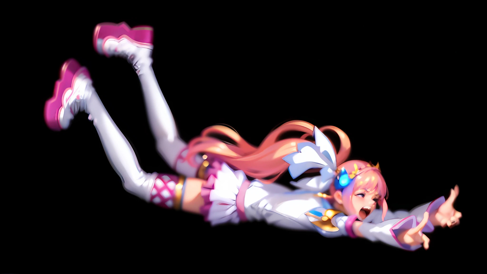 (Lora+QuickHand: 1.2), (Masterpiece: 1.5), (Best Quality: 1.5), 8K Resolution, (Perfect Hand: 1.5), a girl's beautiful expression of screaming with her eyes closed, beating and crying, beaten and lying down, (pink hair: 1.3 + single ponytail), (white top: 1.2), (pink pleated skirt: 1.2), (pink over-the-knee socks: 1.2), (fine tiara), (white boots: 1.2), (no background: 1.5) ,(slender legs: 1.2))"