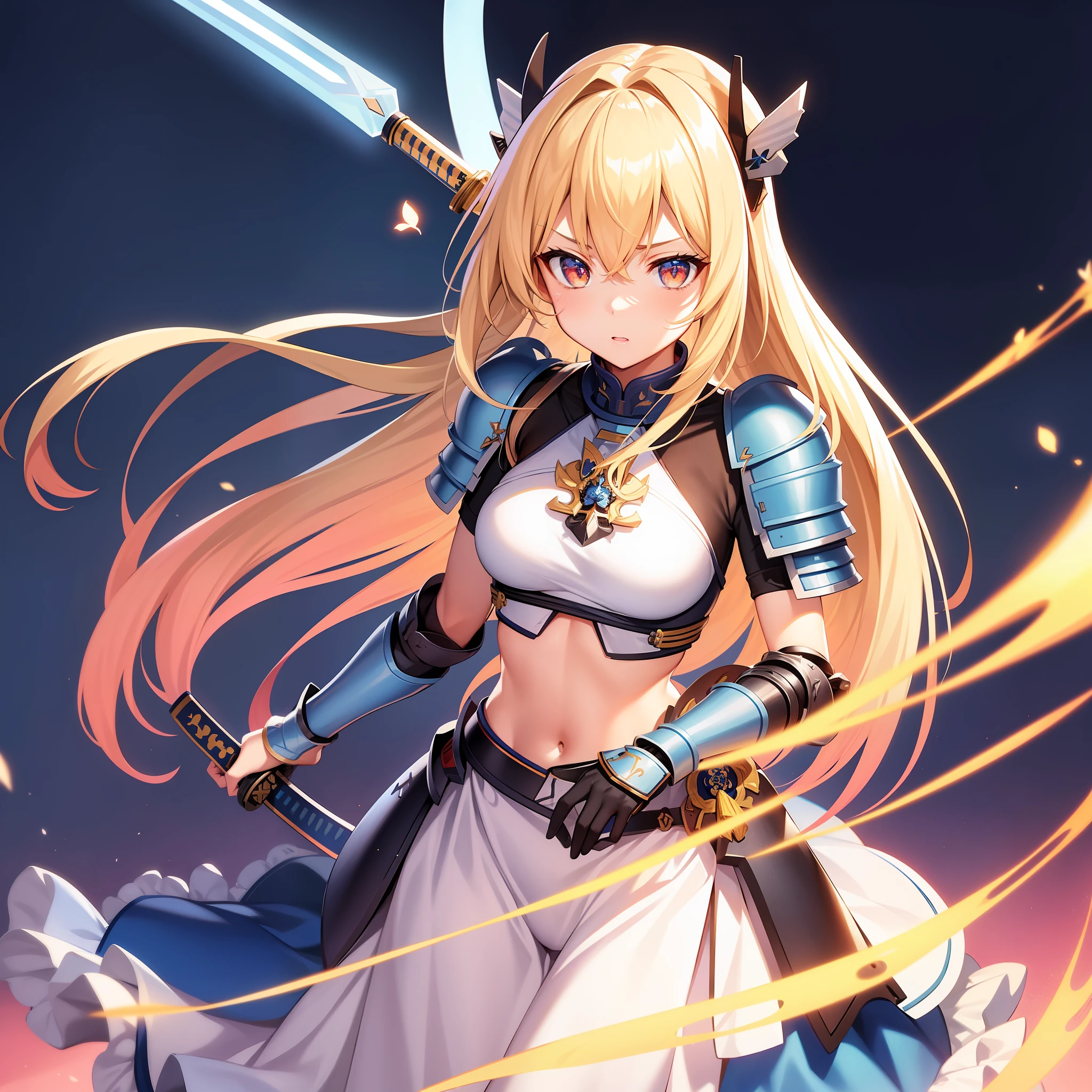 1 girl, solo, Ayanami from Azur Lane, (((blue samurai armor))), fighting stance, katana in hand, katana, swinging sword, highly detailed katana, (masterpiece), (best quality), detailed eyes, beautiful hands, straight hands, shiny hair, light blonde hair, long hair, straight hair, reddish orange eyes. full body, sweaty, small breasts, midriff, standing, blue sky,