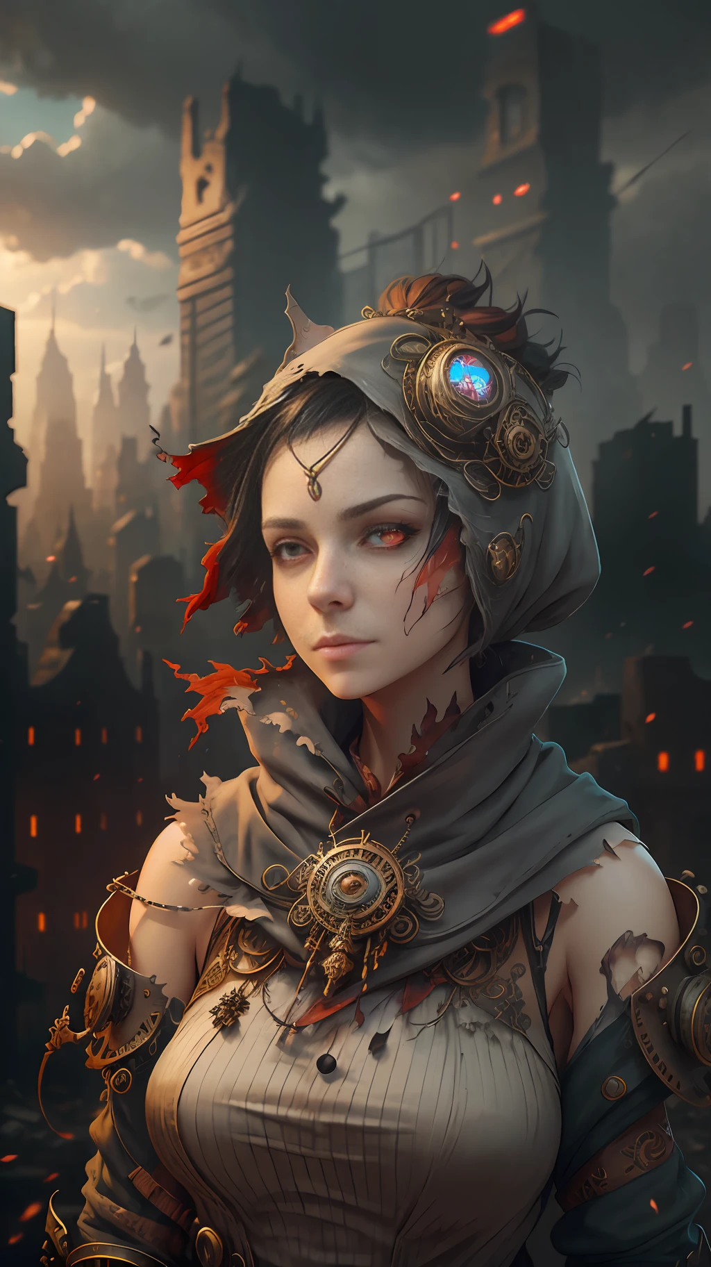 Gray sky, best quality, rich colors, battlefield, city ruins in the distance, dilapidated buildings, 1 woman, (anatomically correct), ((hands behind back))), short hair, (((torn clothes))), ((red glowing eyes))), broken headdress, extremely detailed face, smile, looking up at the camera, (full body), HDR, dramatic, cinematic lighting, (realism: 1.4), absurdity, surrealism, steampunk, intricate design, exquisite details，