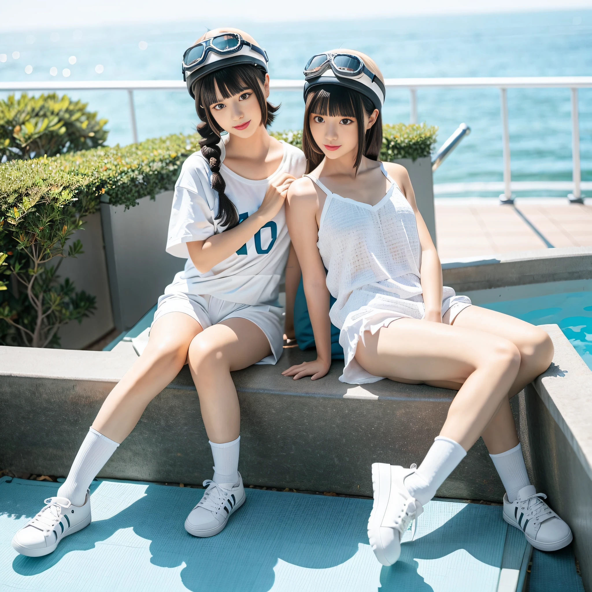 1girl, 3d, bangs, black_hair, blunt_bangs, blurry, blurry_background, blurry_foreground, bokeh, chromatic_aberration, depth_of_field, eyewear_on_head, figure, goggles, goggles_on_head, goggles_on_headwear, kneehighs, looking_at_viewer, motion_blur, photo_\(medium\), white_legwear, realistic, shoes, shorts, sitting, shoes, solo,horizon, ocean, outdoors, pool, poolside, railing,