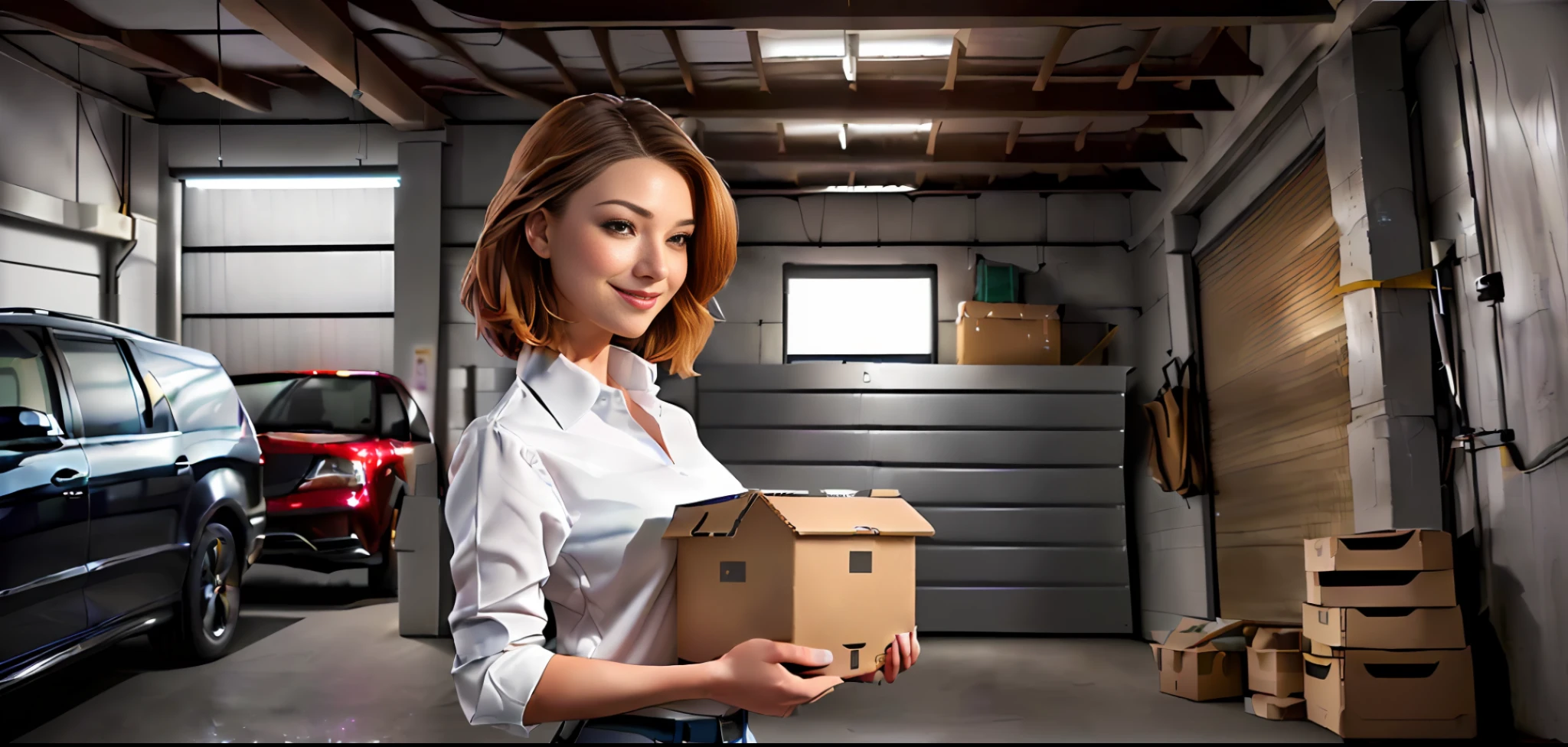 Stilo Dreamlikeart:1),(Redshift style:1.2), (white modern clothing style, with simple blouse, businesswoman ((appearing the whole body)), (Matrix style).

[Chloe Grace Moretz| Kristin Kreuk), ((in a warehouse (((she holding a box in her hand in the garage next to a VAN mercedez https://www.bing.com/images/search?view=detailV2&ccid=wOC%2fjts8&id=86960E89AD9E7B264F2D56519D3E382F2FE6E851&thid=OIP.wOC_jts8oU6-SLA5XiC6ywAAAA&mediaurl=https%3a%2f%2fs3.us-east-2.amazonaws.com%2fdealer-inspire-vps-vehicle-images%2fstock-images%2fchrome%2f0a2ef200d582027267795afc32684583.png&cdnurl=https%3a%2f%2fth.bing.com%2fth%2fid%2fR.c0e0bf8edb3ca14ebe48b0395e20bacb%3frik%3dUejmLy84Pp1RVg%26pid%3dImgRaw%26r%3d0&exph=355&expw=474&q=van+mercedezs+benz+2023&simid=608016006398769450&FORM=IRPRST&ck=60B5D1FBFAC6B9387EDDDADBDE055632&selectedIndex=5&ajaxhist=0&ajaxserp=0 and with boxes)))), wearing white shoes, smiling, cheerful, holding a box in hand, company clothes, luxury office, focus, smile, well dressed, brown hair.