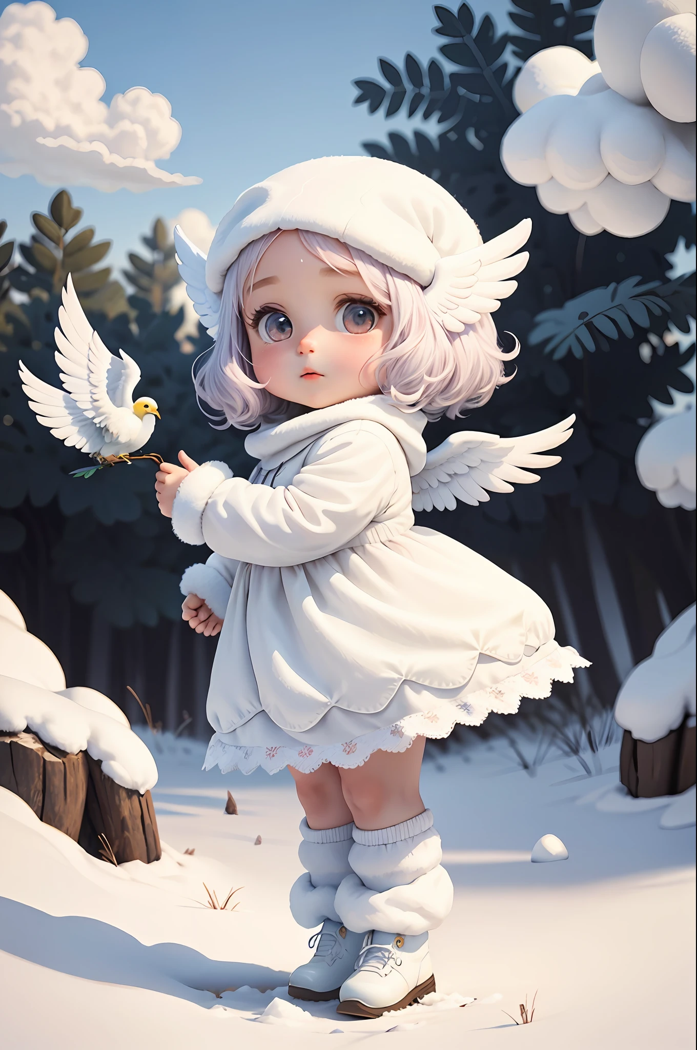 A girl who looks like a marshmallow, a little angel with wings