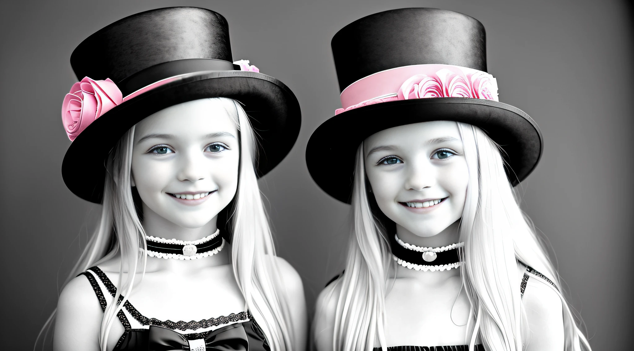 blonde long hair, with straps and top hat smiling, wearing a top hat, wearing a chocker and cute hat, wearing a party hat, wearing a silly hat, fancy funny hat, fancy flashy hat, wearing a pink headband, wearing a cute hat, with hat, kids, closeup of an adorable, wearing a top hat, she is wearing a hat