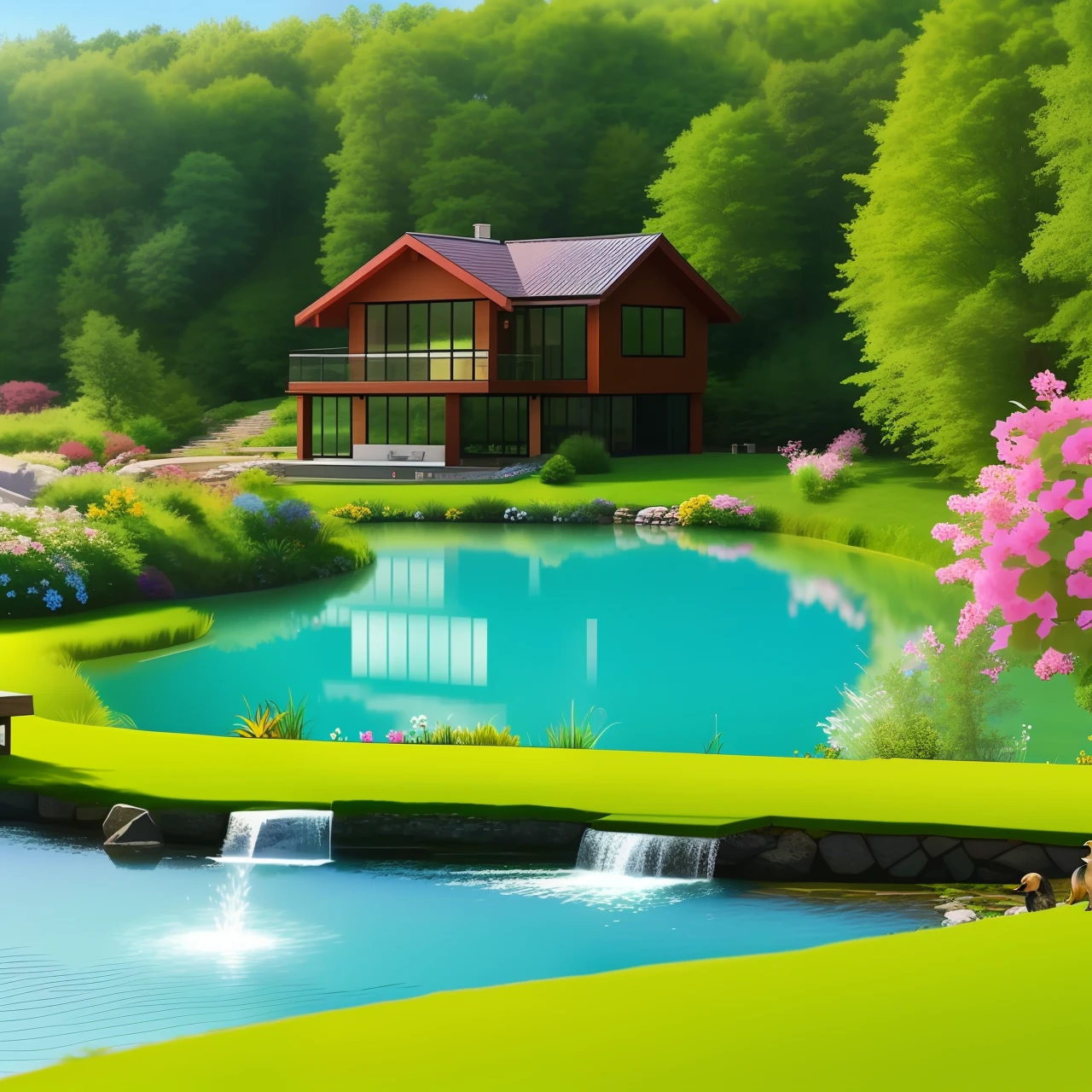 House with lots of glass next to a lake with waterfall, stone path surrounded by flowers, garden with green field, landscape with green grass pasture, blue sky, sunset, birds flying, dogs playing in the pasture, forest in the vicinity.