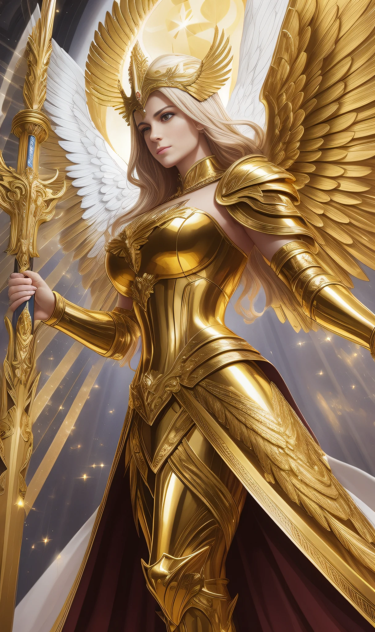 The golden archangel played by Danielle van de Donk looks down on all living beings, dressed in gorgeous gold armor, holding a sword, noble and proud, with bright wings, radiance, and a halo on his head, showing strength and dignity, shrouded in a sacred atmosphere.