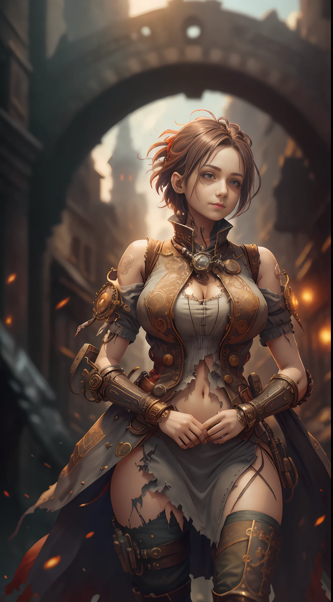 Gray sky, best quality, rich colors, battlefield, city ruins in the distance, dilapidated buildings, 1 woman, (anatomically correct), ((hands behind back))), short hair, (((torn clothes))), ((red glowing eyes))), broken headdress, extremely detailed face, smile, looking up at the camera, (full body), HDR, dramatic, cinematic lighting, (realism: 1.4), absurdity, surrealism, steampunk, intricate design, exquisite details,