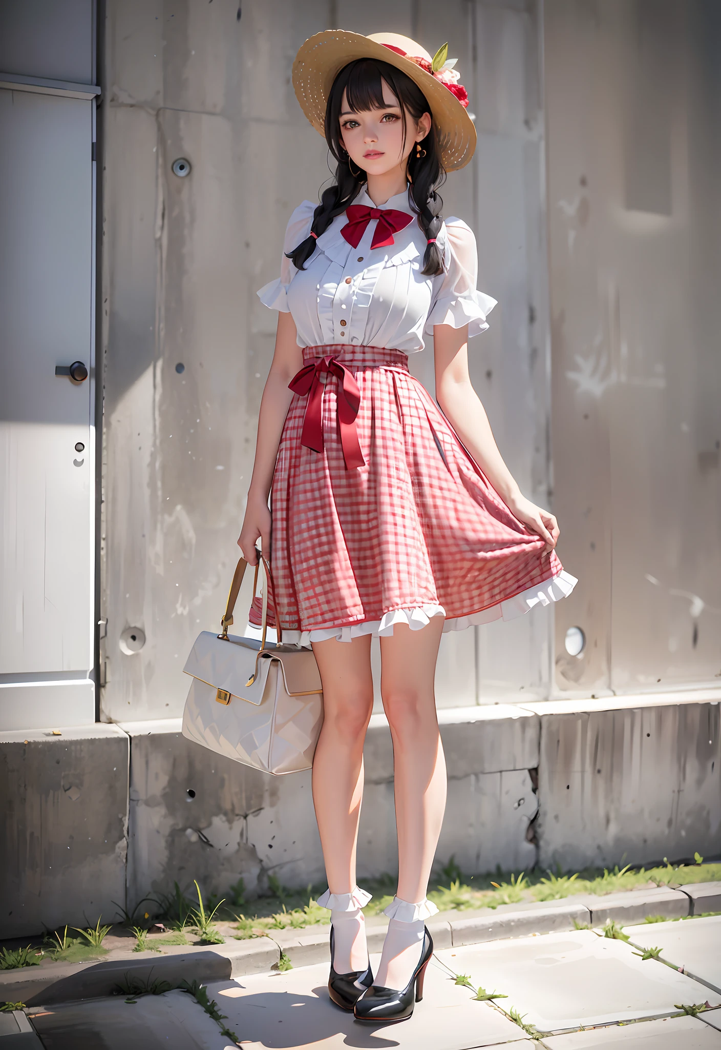 (8K, RAW, professional, best quality, masterpiece:1.2), (realistic, photorealistic:1.37), ultra-detailed, (portrait), (highest detailed skin:1.2), (highest detailed face:1.2), cinematic lighting, 1girl, pale light, 22 year old beautiful gravure idol, white blouse, red gingham check skirt, loose wavy black hair, braids, straw hat, hand bag, (((white ruffle socks))), (pumps), calm bright back alley background --auto --s2