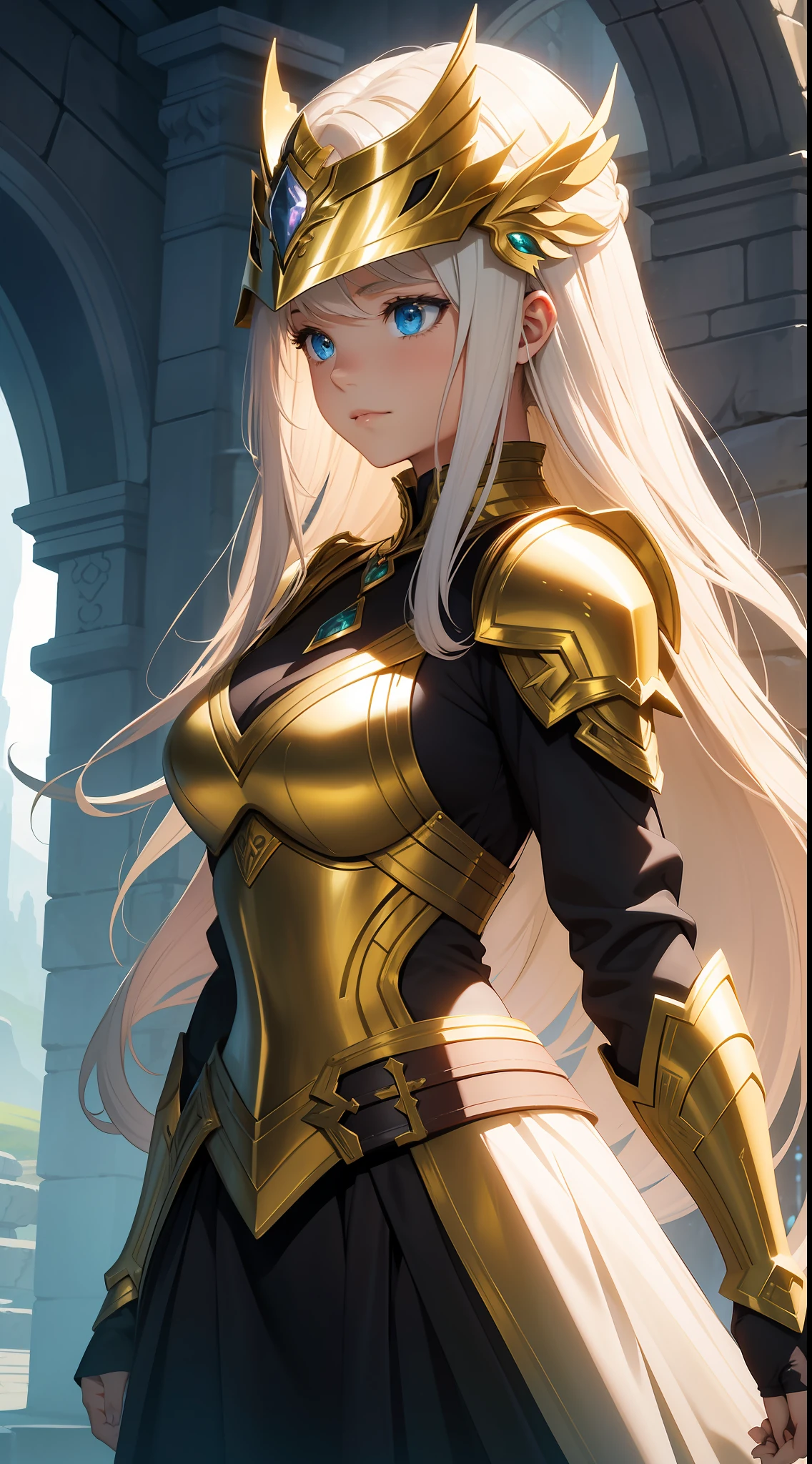 1girl solo
Style: Epic Fantasy
Quality: Realistic details
Painting: Vibrant colors and subtle shadows
Image Effect: Magical glow around the character
Appearance: An elegant warrior with gleaming armor, a sword in her hand, and an adorned helmet. Her long, golden hair cascades over her shoulders. She exudes confidence and determination, ready to take on any challenge.