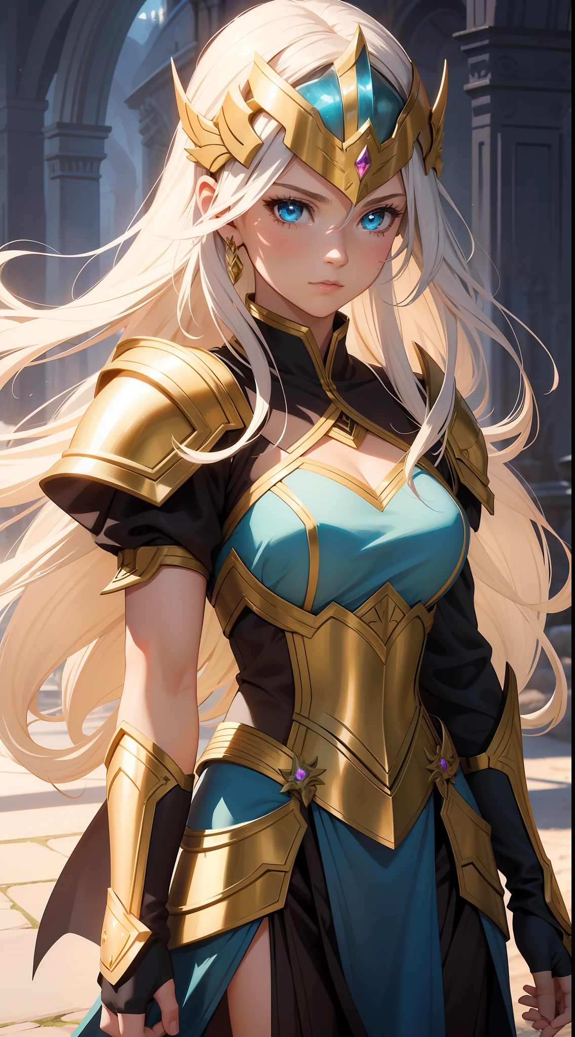 1girl solo
Style: Epic Fantasy
Quality: Realistic details
Painting: Vibrant colors and subtle shadows
Image Effect: Magical glow around the character
Appearance: An elegant warrior with gleaming armor, a sword in her hand, and an adorned helmet. Her long, golden hair cascades over her shoulders. She exudes confidence and determination, ready to take on any challenge.