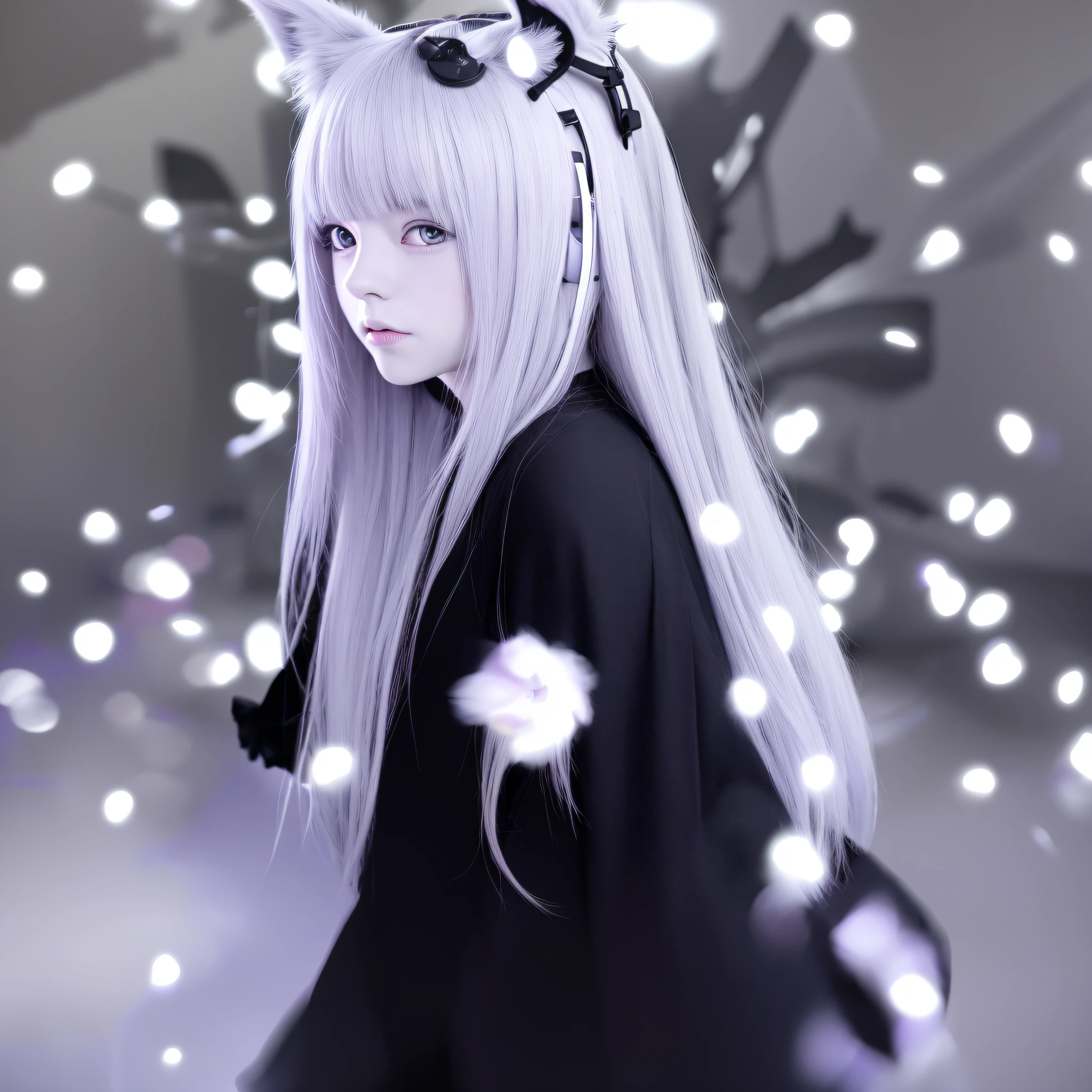 Anime girl with headphones and cat ears in black dress, night bark, white cat girl, anime moe art style, anime girl with cat ears, anime style 4k, perfect white-haired girl, very beautiful anime cat girl, beautiful anime cat girl, white-haired, high-quality anime art style, anime cat girl, (anime girl), white-haired deity, sitting on the floor, warm lighting