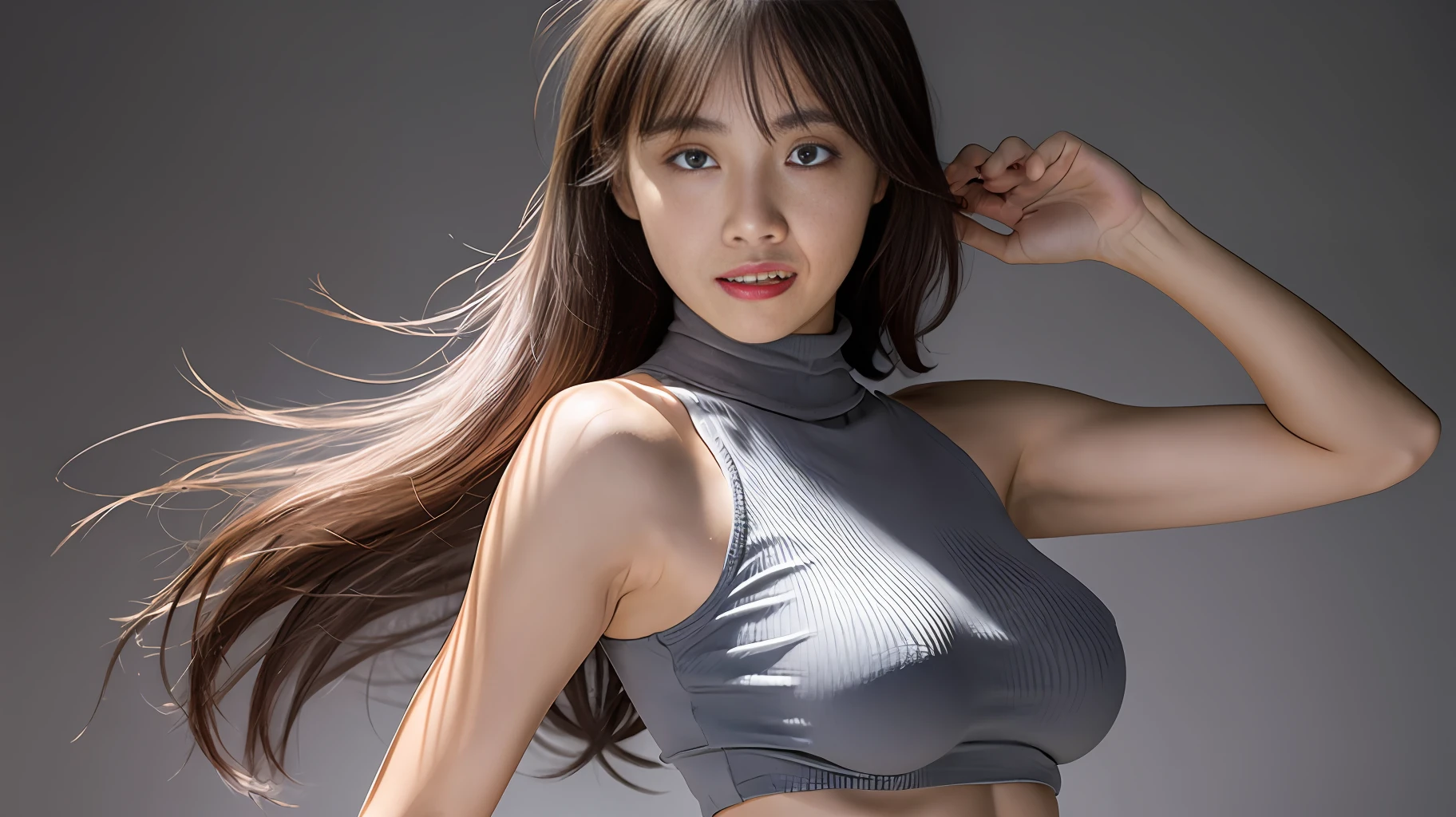 girl, bangs, bare shoulders, black pants, breasts, breasts squeezed together, gray background, hair between eyes, long hair, view viewer, pants, parted lips, red eyes, shirt, simple background, sleeveless, sleeveless shirt, solo, turtleneck, V-arms, gray hair, (shiny skin), (masterpiece: 1.4), (best quality: 1.4), ,,, Facigirl, red lips, perfect abs, navel, (:1.5), (transparent areola), , huge, sweat, (stroking your own pose)