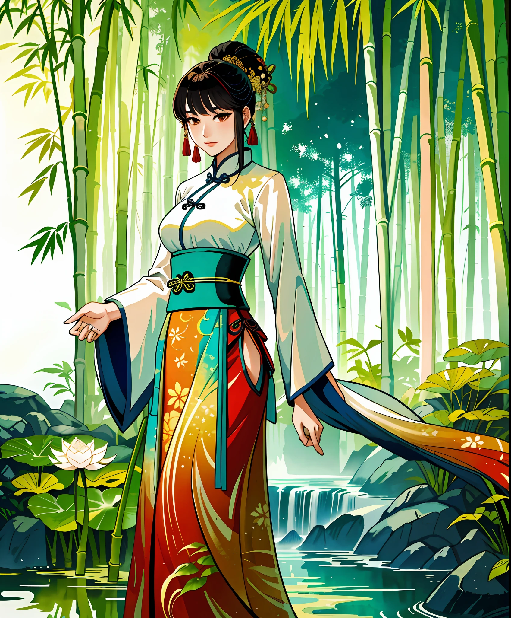 An ancient Chinese beauty standing in a bamboo forest, wearing ancient Chinese clothes, flowing tulle, light silk, bamboo leaves, lotus, ink painting style, clean color, decisive cut, blank space, freehand, masterpiece, super detailed, epic General composition, high quality, highest quality, 4k --v 6