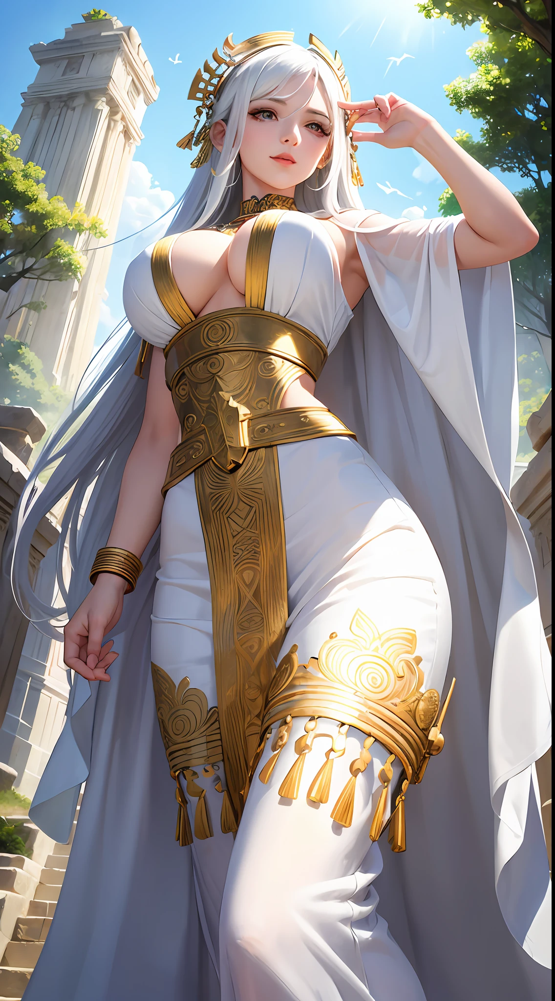 (masterpiece, best quality, 8k), 1girl, mature woman, attractive goddess, lips, ancient mesoamerica clothes, white clothes, gorgeous clothes, detailed pattern, green eyes, long white hair, arms up, armpits, divine, immortal, light smile, ancient mesoamerica building, detailed building, outdoor, godlike, godrays, cinematic lighting, (from below)