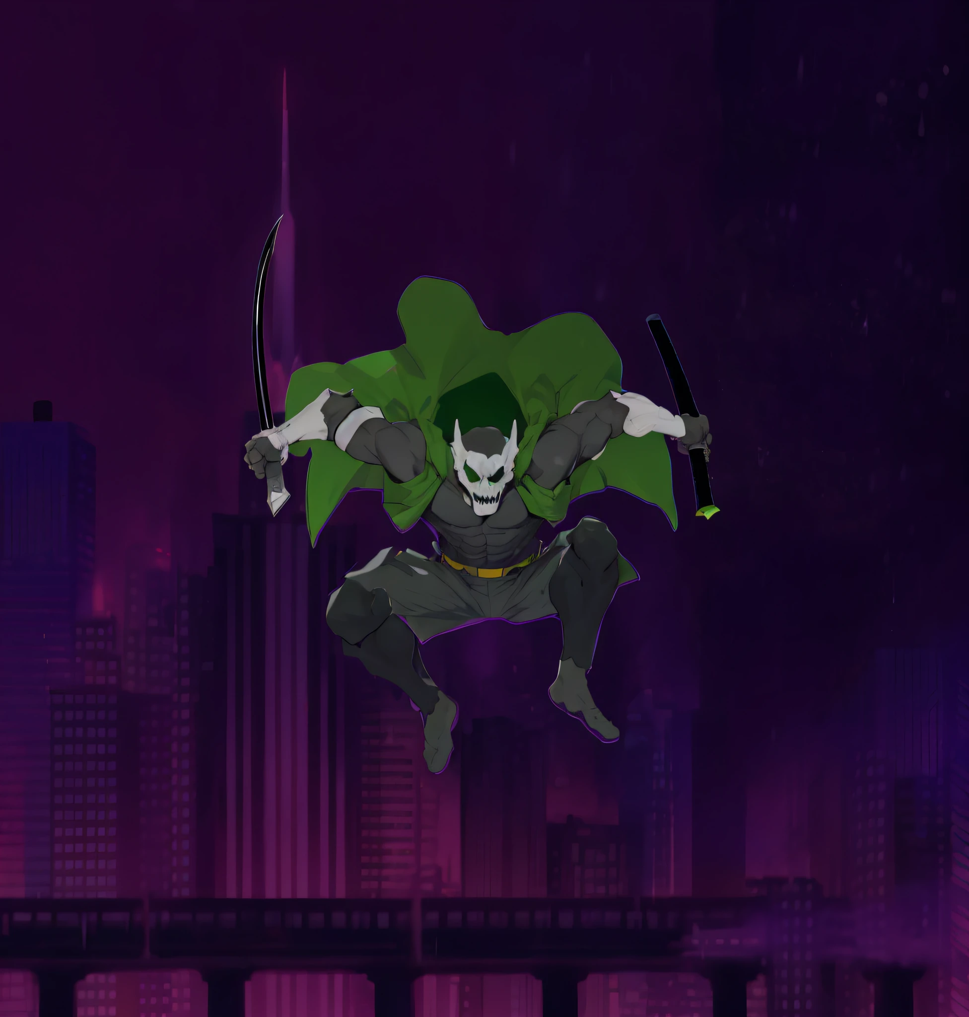 Man on a city with a sword in his hand, hero dynamic pose, dark city, green cape, skull mask, is traversing a gloomy city, green goblin, supervillain, urban samurai, rain, high quality, strokes well done, hands well made, feet well made, black katana, not blurred