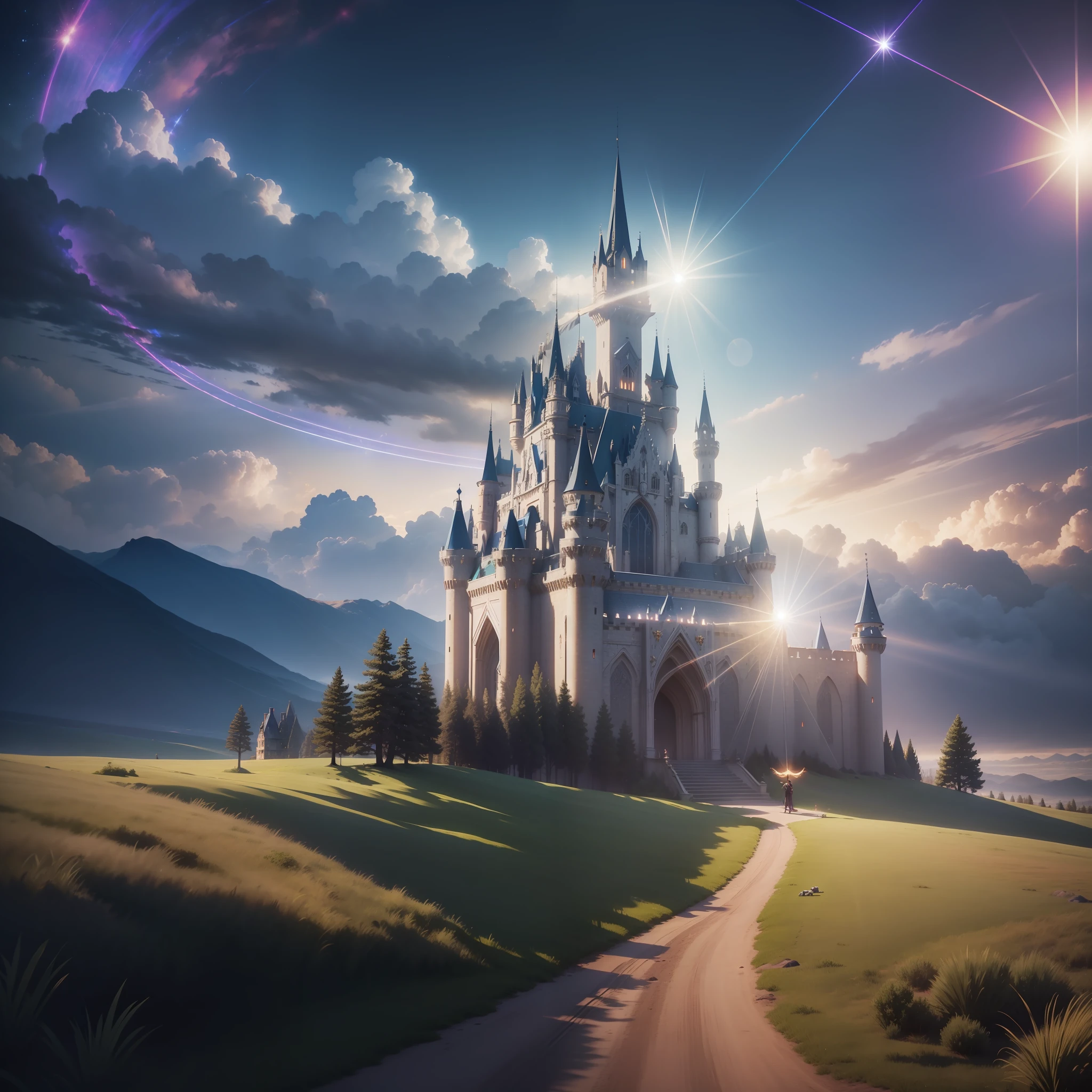 Fantasy castle, god rays, cowboy shot, atmospheric perspective, lens flare, bokeh, UHD, masterpiece, super detail, award winning, best quality, highres, 1080P, 4K, 16k