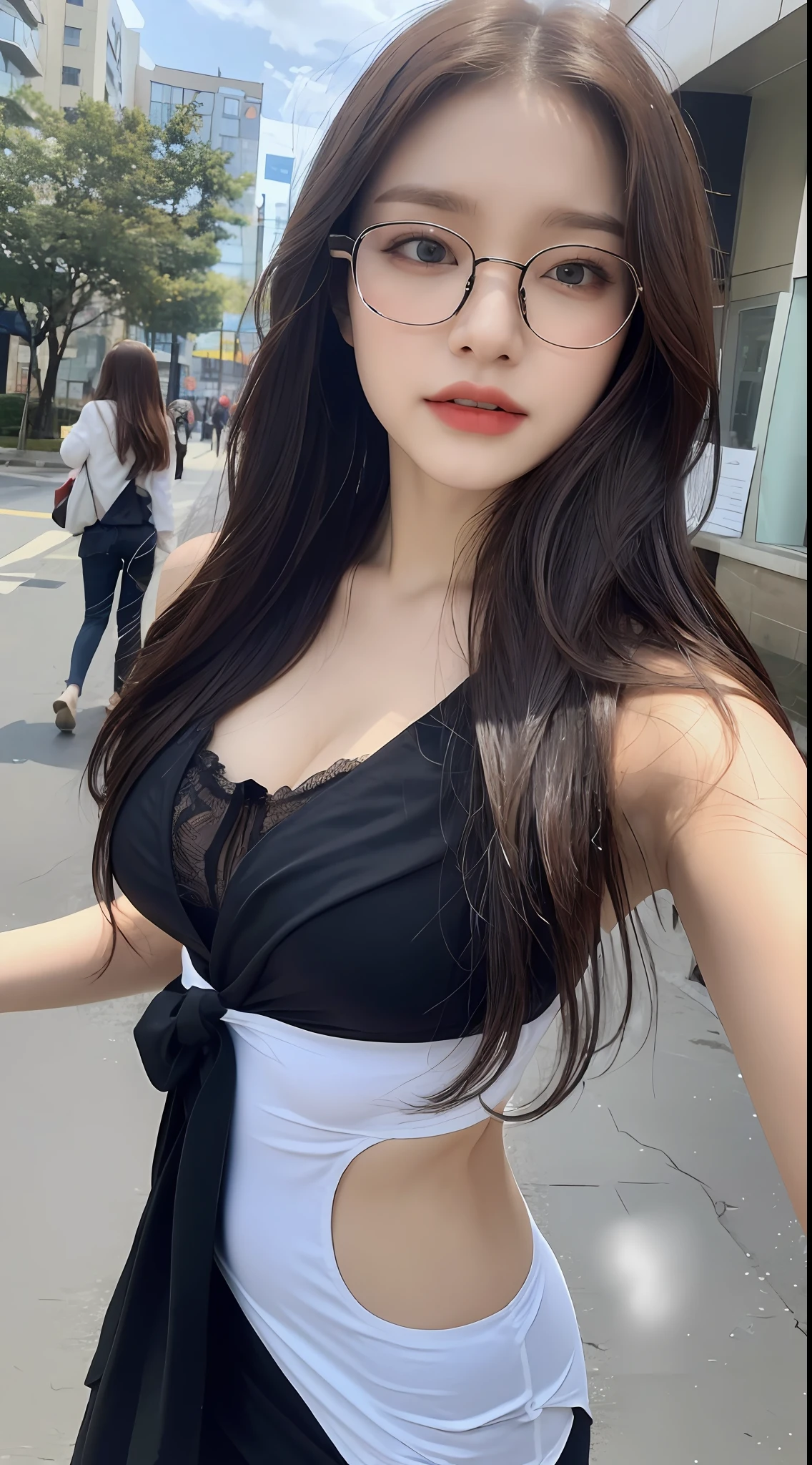 ((Top Quality, 8K, Masterpiece: 1.3)), Focus: 1.2, Perfect Body Beauty: 1.4, Ass: 1.2, ((Layered Haircut, Breasts: 1.2)), (Wet Clothes: 1.1), (Street: 1.3), Bando Dress: 1.1, Highly Detailed Face and Skin Texture, Narrow Eyes, Double Eyelids, Whitening Skin, Long Hair, (Shut Up: 1.3), Glasses