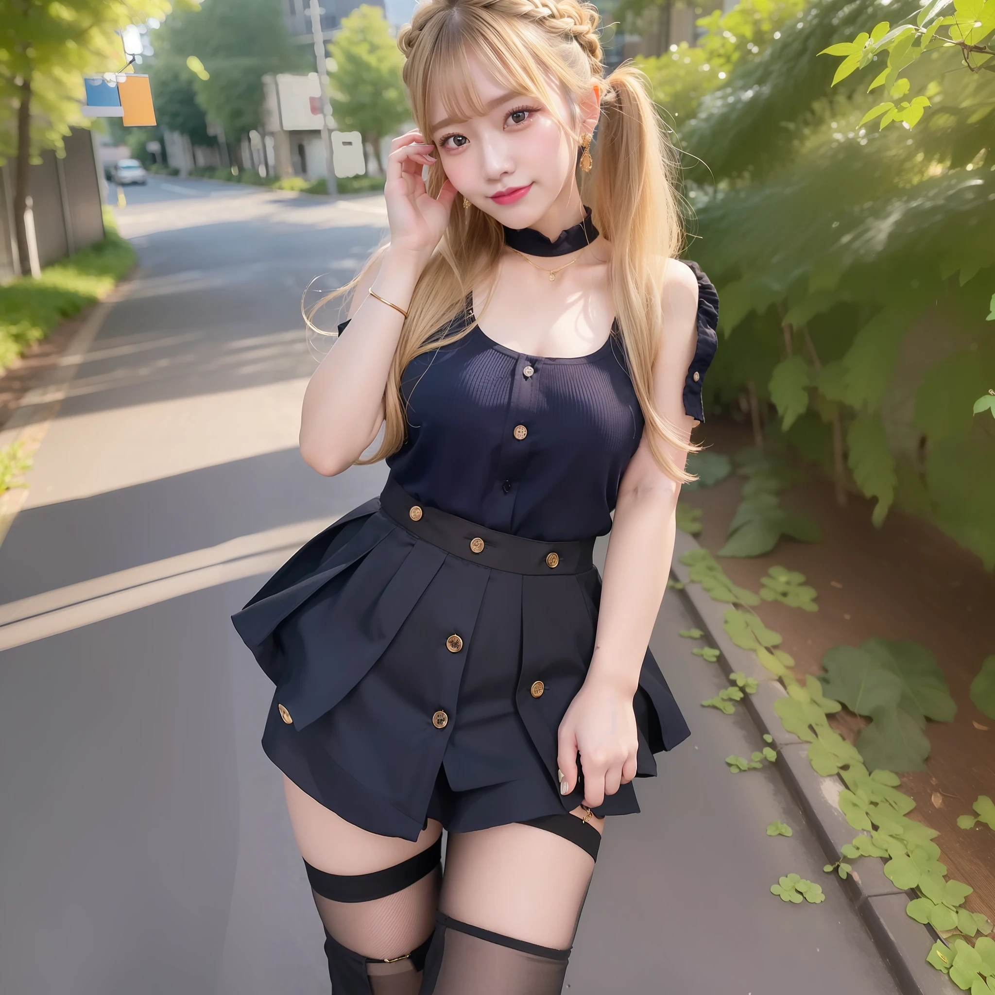 best quality, ultra high res, 1girl, sleeveless blue button shirt, black skirt, black choker, cute, (Kpop idol), (aegyo sal:1), (golden blonde hair:1), long braided hair, ((puffy eyes)), looking at viewer, full body, facing front, glow skin, smile, thick ass