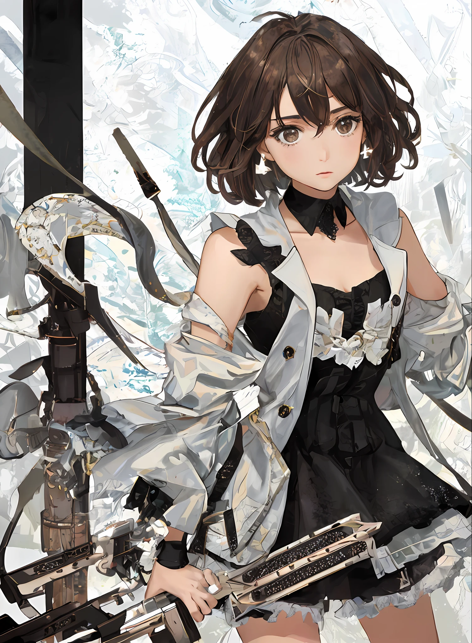 Delicate-looking but determined young woman. She has dark brown hair, with a short, stripped down cut, that falls slightly over her shoulders. His eyes are vivid and expressive, of a light brown hue that conveys curiosity and emotion.
  His skin is light, he wears a black Trench Coat with two revolvers of 6 shots each, silver.