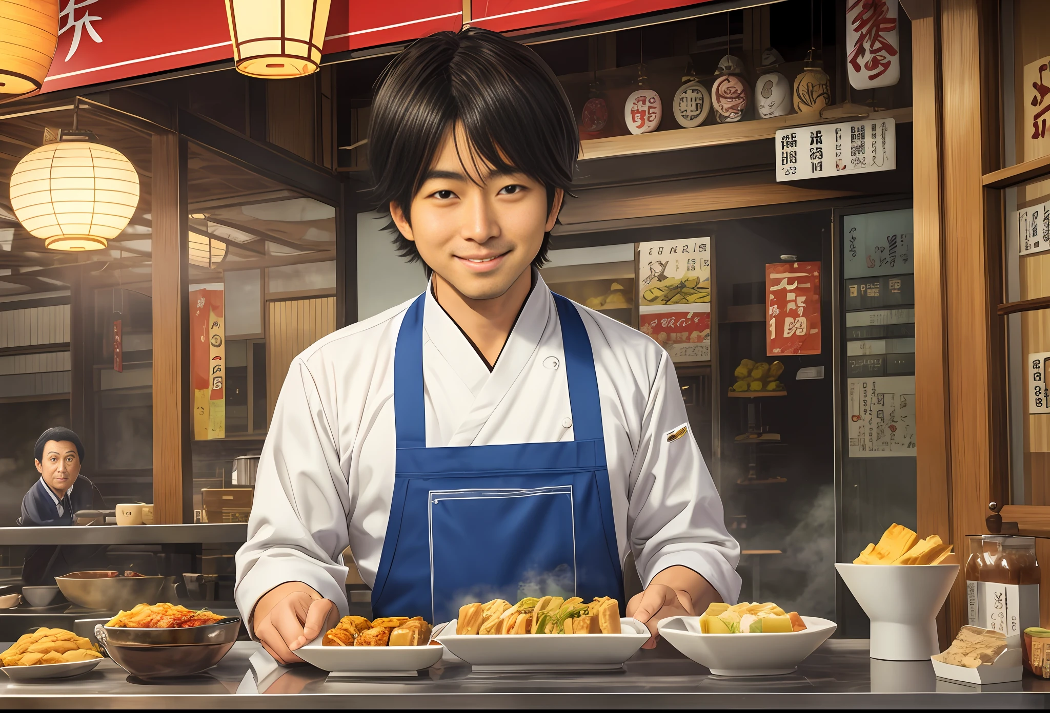 Japanese artist Kaoru Kobayashi, Japanese drama late night cafeteria, cool male chef, big eyes with eyes, aqua eyes, smile, Showa era, texture, shadow, background is Showa era tavern, food, food, tamagoyaki, best quality, super high resolution, (realism: 1.4), super detail, captures the innocence, weirdness, vitality, wonder and exploration of the characters, --auto --s2