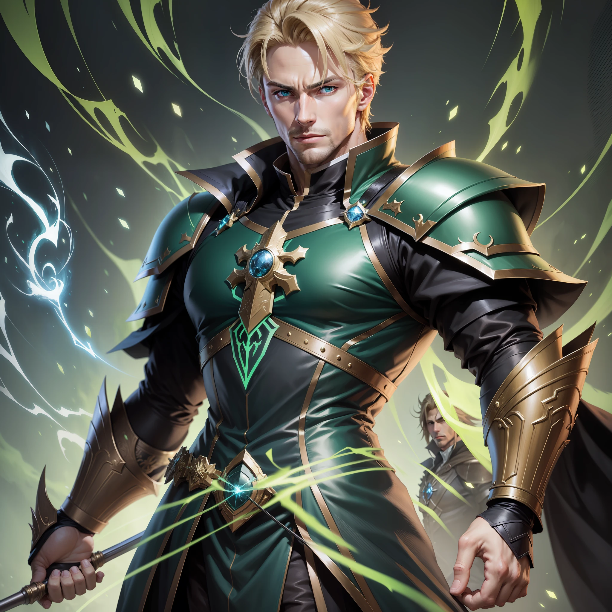 Realistic image of a handsome man in his early 30s, handsome, strong, blond, green eyes, dressed in black cleric's costumes with shoulder pads with green details, anime character style art, conjuring electric power in his right hand, blue aura around his body