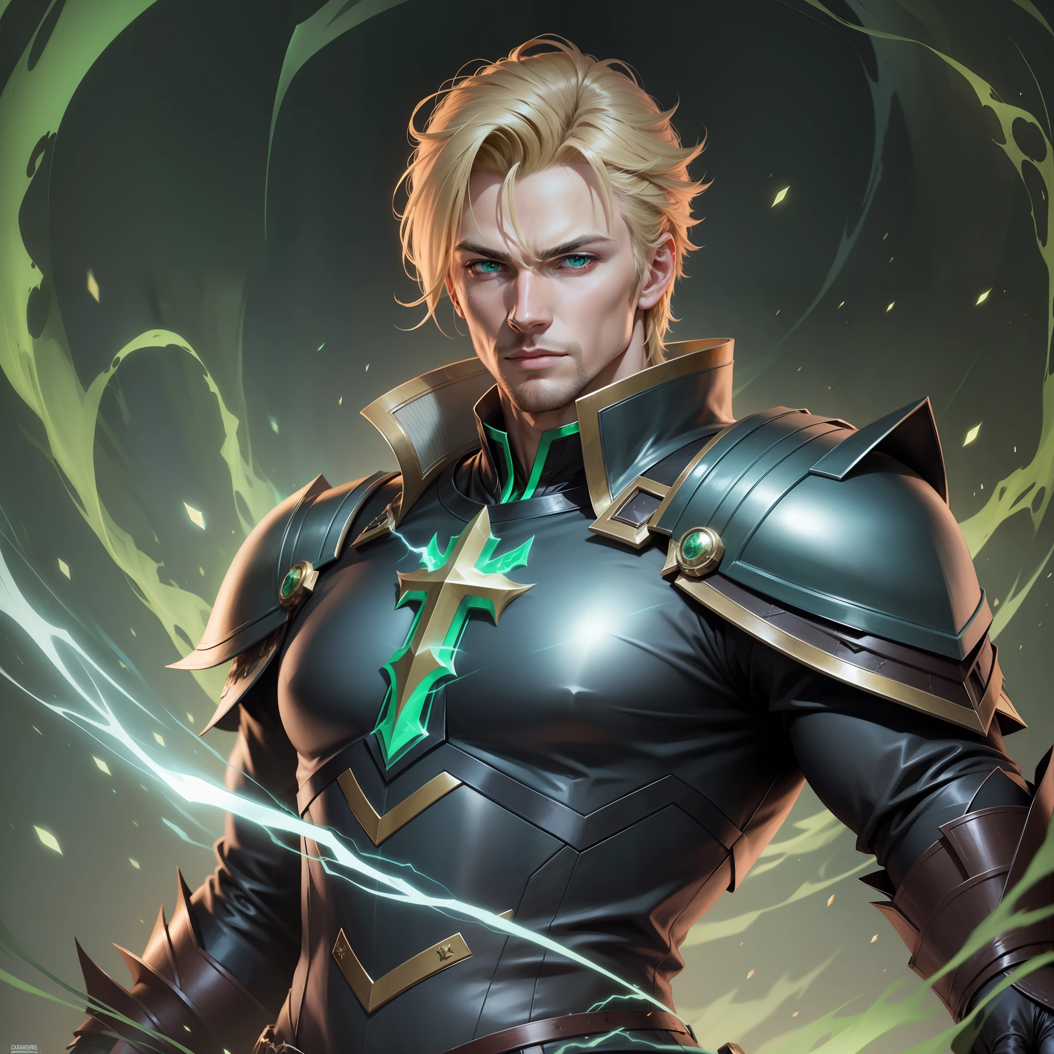 Realistic image of a handsome man in his early 30s, handsome, strong, blond, green eyes, dressed in black cleric's costumes with shoulder pads with green details, anime character style art, conjuring electric power in his right hand, blue aura around his body