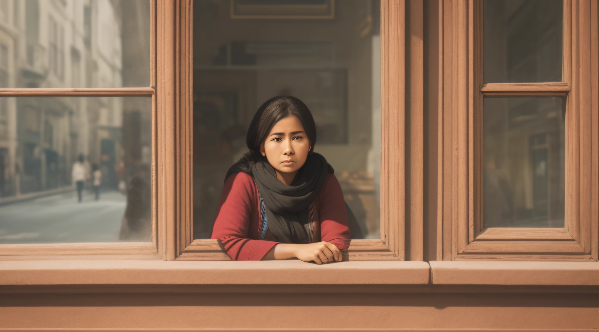 Create a woman in the window watching the street (realistic)