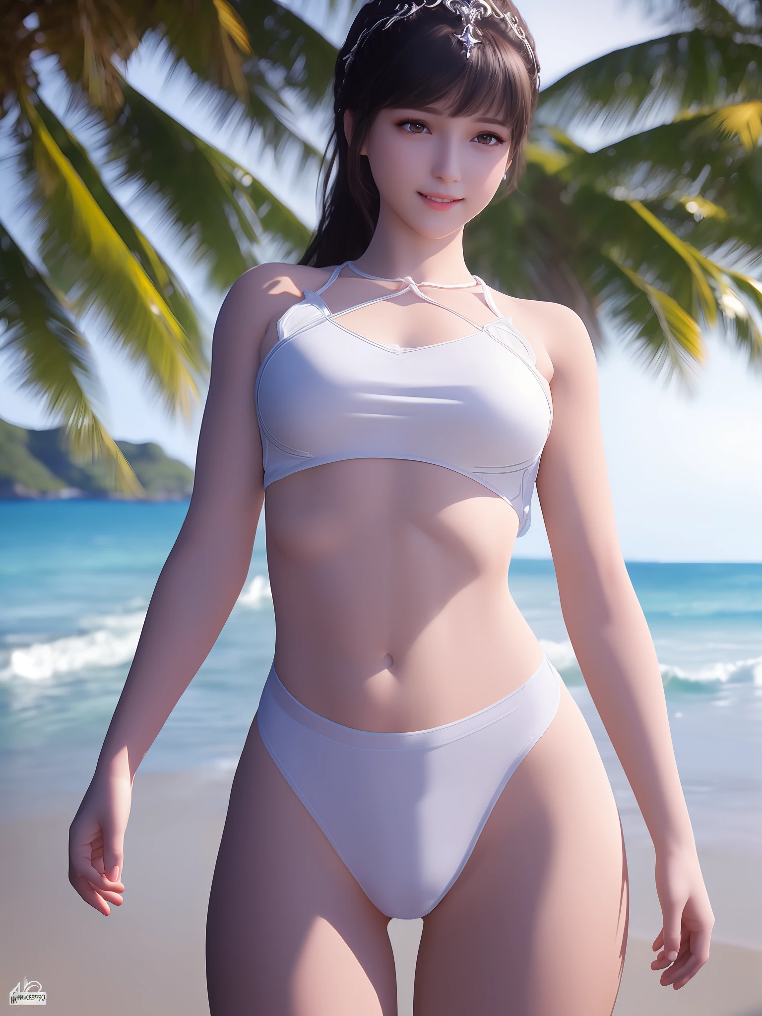 (masterpiece, best quality, extremely detailed 8k, ultra hd, ultra-detailed, highly detailed, highly realistic, ultra-realistic, photo realistic), (1girl:1.5), (upper body from head to thighs:1.5), light smile, beach, little wave, white sands,