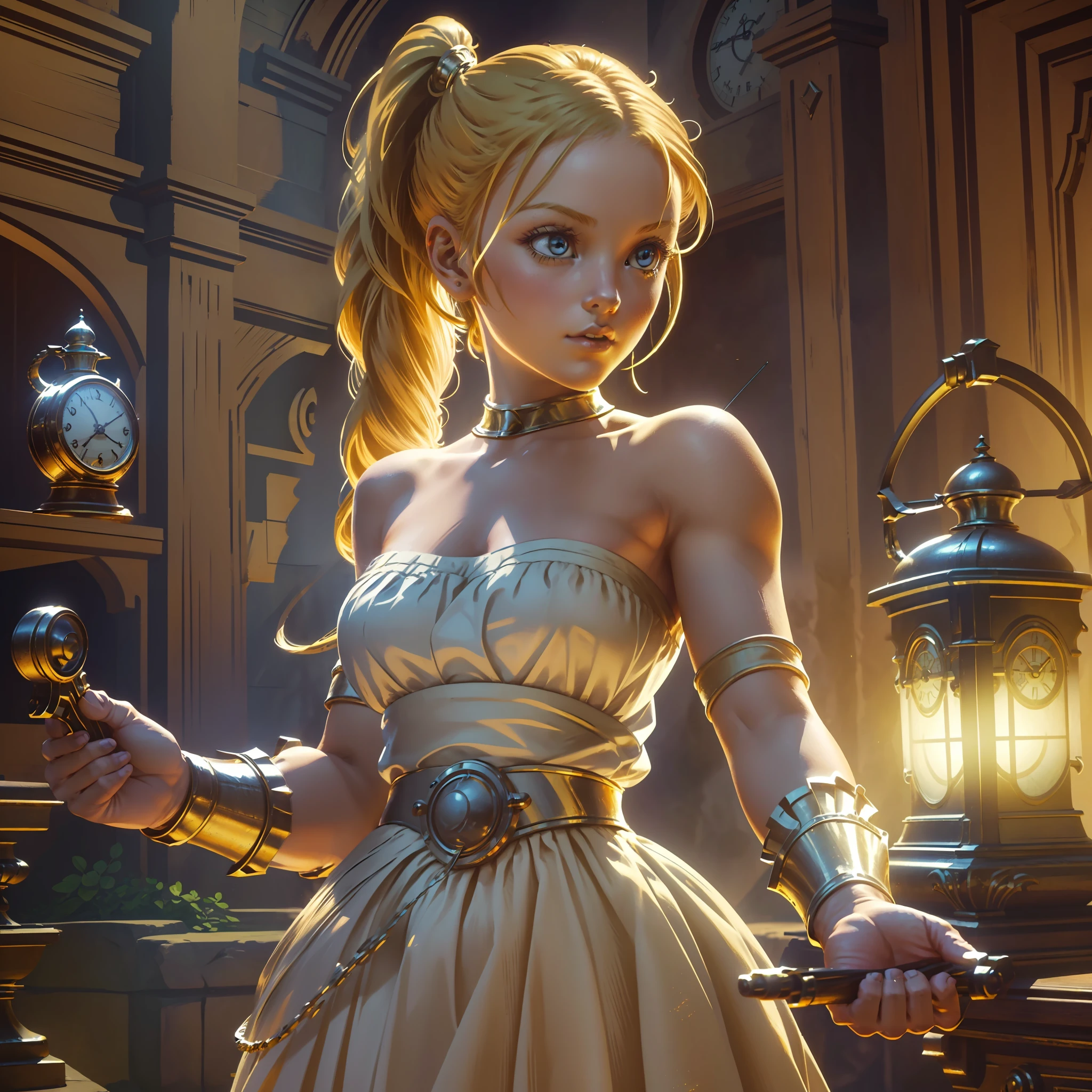 (extremely detailed CG unit 8k wallpaper, masterpiece, best quality, ultra-detailed, marle chrono trigger, beautiful detailed eyes: 1.2), high saturation 1girl, princes' (marle chrono-trigger\), frilly dress, bare shoulders, blonde hair, twintails, an outstretched arm holding an antique clock in one hand, a crossbow in the other hand. Maximum quality, ultra-realistic details, perfect lighting, impeccable shadow, dynamic framing, mystical scene, background with stunning images and 8k resolution. All with the magical touch of his unique style.