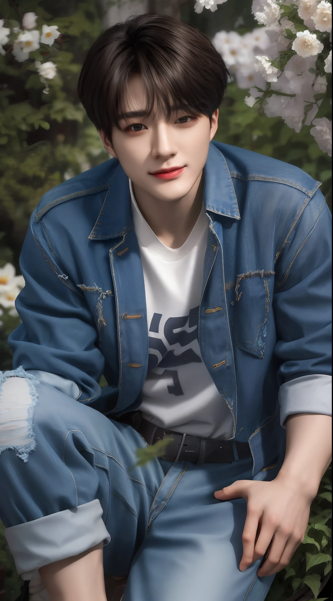 Best quality, ultra high resolution, ultra-detailed, style-empire, realistic, cinematic. A handsome korean man, thick eyebrows, gazing eyes, brown skin, shiny skin, black hair. He is wearing a denim jacket, white shirt inside, and denim jeans. He is at the garden, with lots of flowers. Half portrait, medium length close-up shot. He is smiling with teeth.