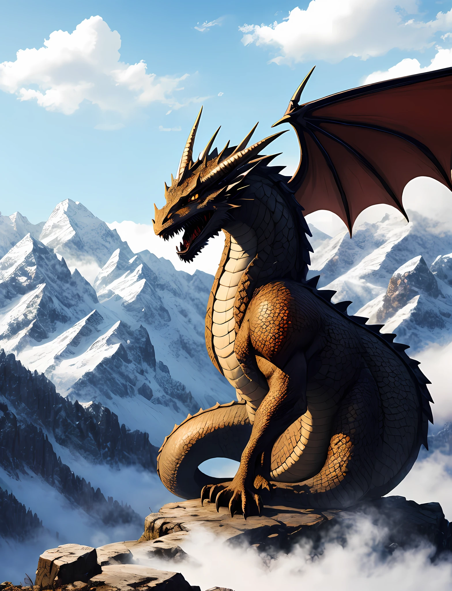 masterpiece, best quality, a dragon comes out from moutain