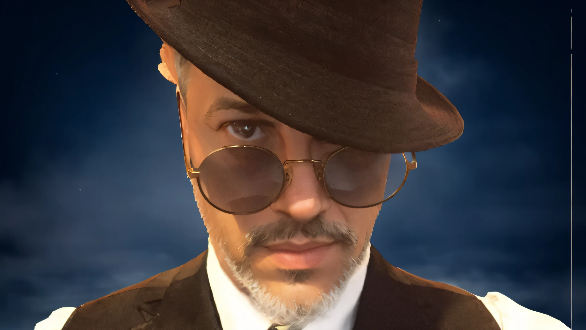 there is a man with hat and glasses wearing a vest, inspired by William Holmes Sullivan, wearing Victorian sunglasses, wearing Victorian glasses, a suitable man in a hat, wearing Victorian sunglasses, inspired by Max Magnus Norman, wearing steampunk top hat, headshot profile picture, avatar image, inspired by George Morrison, profile picture, inspired by George Frederick Harris,  (masterpiece, best quality: 1.2), detailed face, (soft colors: 1.2, dark studio, edge lighting, two-tone lighting, dim light, low tone, ), a poster for a 1930s detective film \(style\), noir ,(noir atmosphere:1), dark atmosphere, emphasis on color noir, 1930s (/style/), man sitting at the table, a private detective wore detective suit,  trend at ArtStation, trend at CGSociety, Intricate, High detail, dramatic, photorealistic painting by midjourney and greg rutkowski,