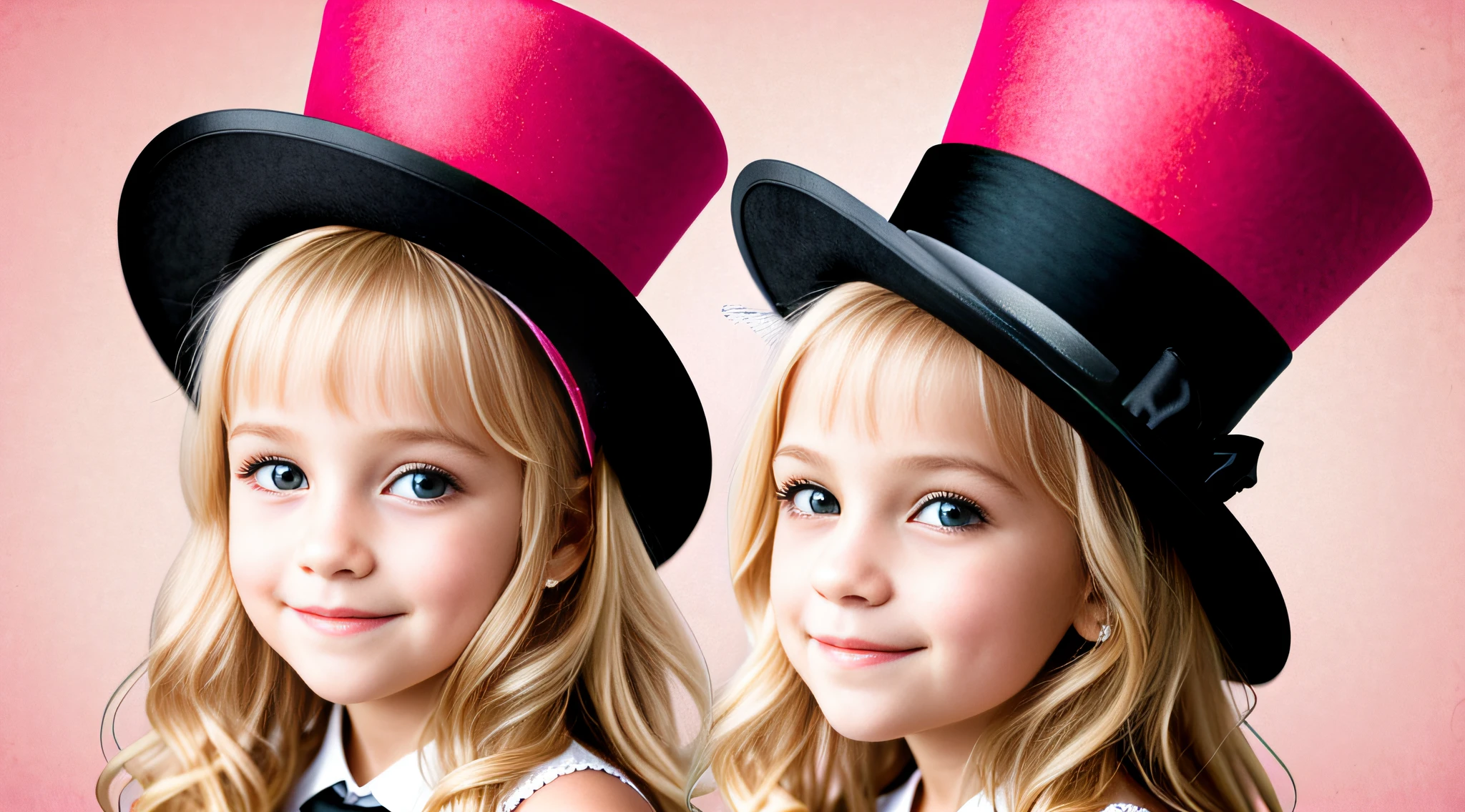 Girl child blondehair long, with straps and top hat smiling, wearing a top hat, wearing a chocker and cute hat, wearing a party hat, wearing a silly hat, funny fancy hat, flashy fancy hat, wearing a pink headband, wearing a cute hat, with hat, children, closeup of a lovely, wearing a top hat, she is wearing a hat, RED BACKGROUND.