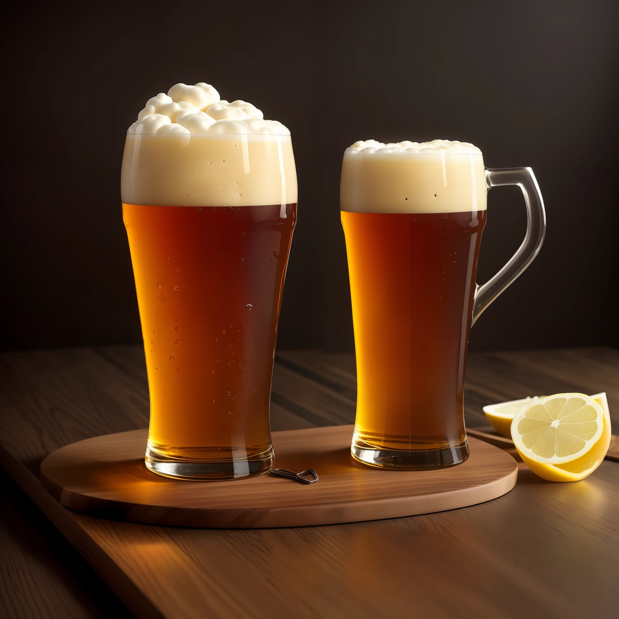 There are two glasses of beer sitting on a cutting board, glasses of beer, cold beer, beer, beers on the table, shutterstock, malt, beer-textured surface, beer being drunk and poured, drinking beer, New England IPA, drinking a beer, cheers, movie beer, on a dark background, mead, draft beer