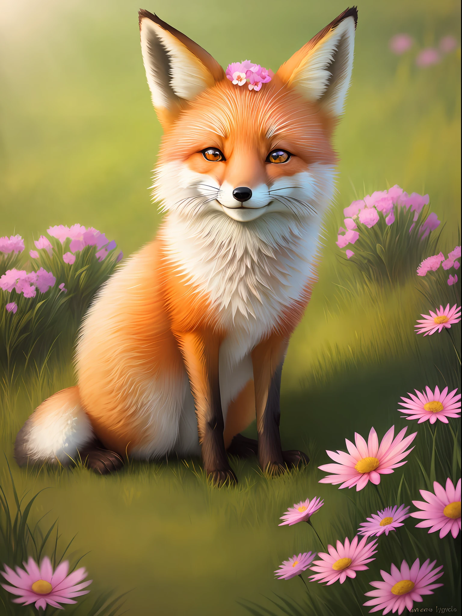 Beautiful fox, eyes open, smiling, grass, flowers, and good lighting